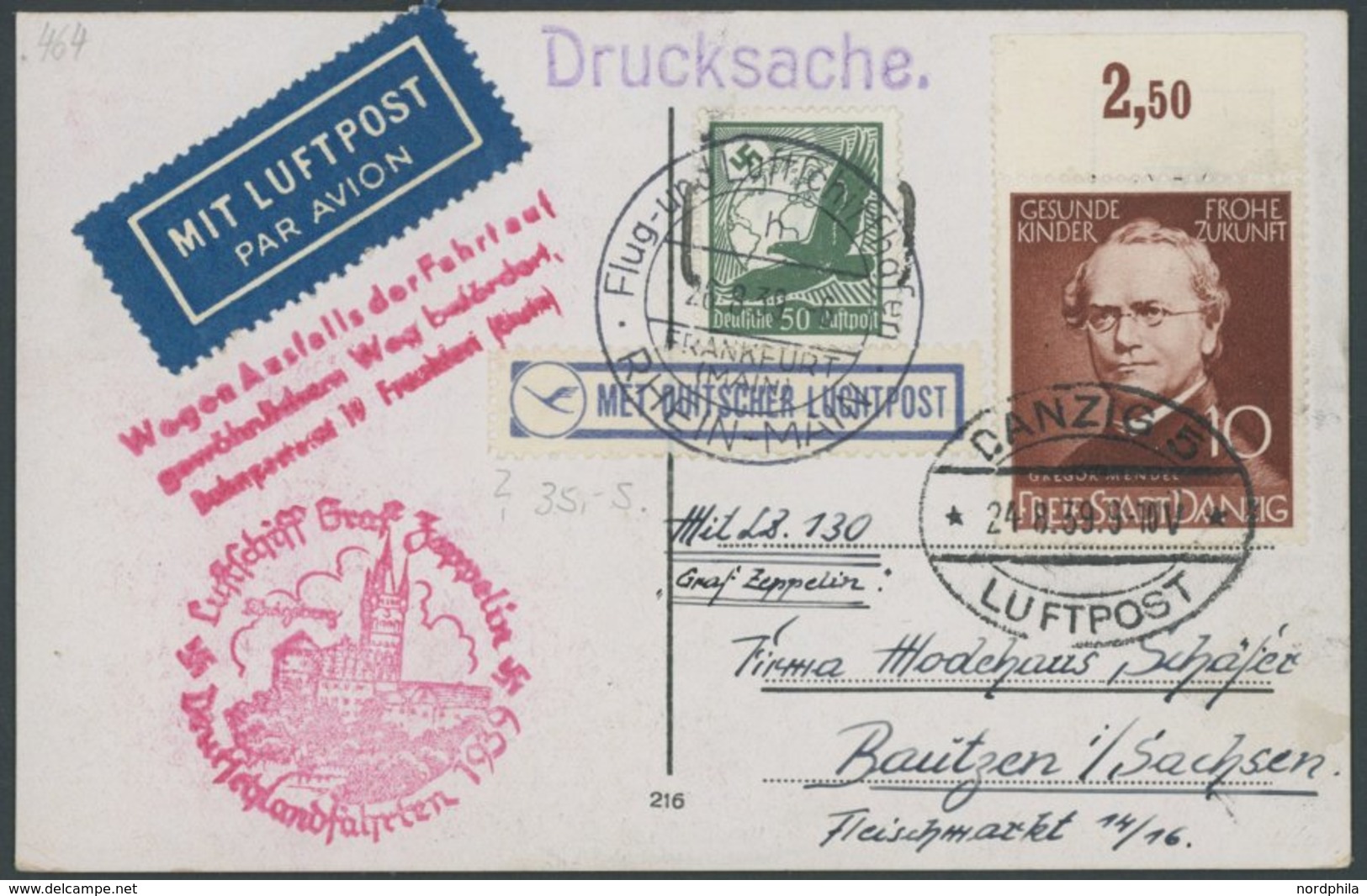 ZULEITUNGSPOST 464 BRIEF, Danzig: 1939, Fahrt Nach Königsberg, Mit Rotem Ausfallstempel, Drucksache, Prachtkarte, Gepr.  - Correo Aéreo & Zeppelin