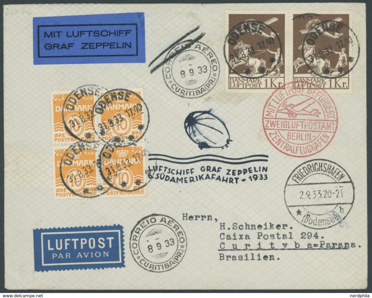 ZULEITUNGSPOST 229 BRIEF, Dänemark: 1933, 6. Südamerikafahrt, Prachtbrief - Airmail & Zeppelin