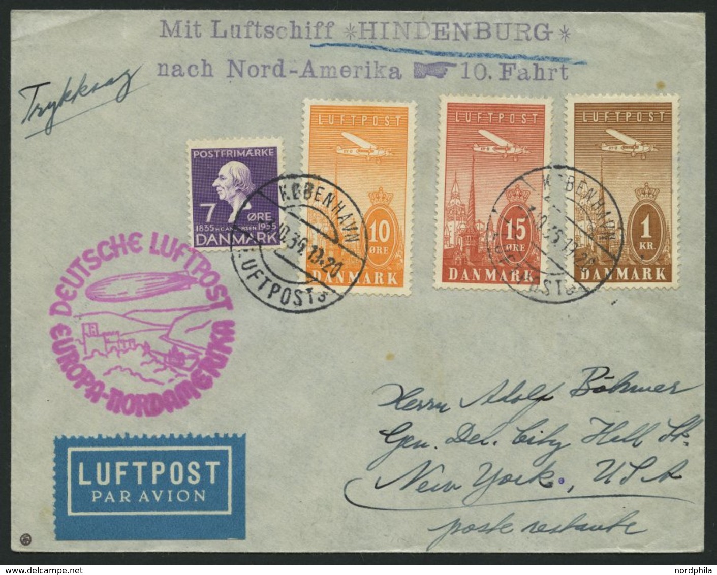 ZULEITUNGSPOST 441 BRIEF, Dänemark: 1936, 10. Nordamerikafahrt, Prachtbrief - Airmail & Zeppelin