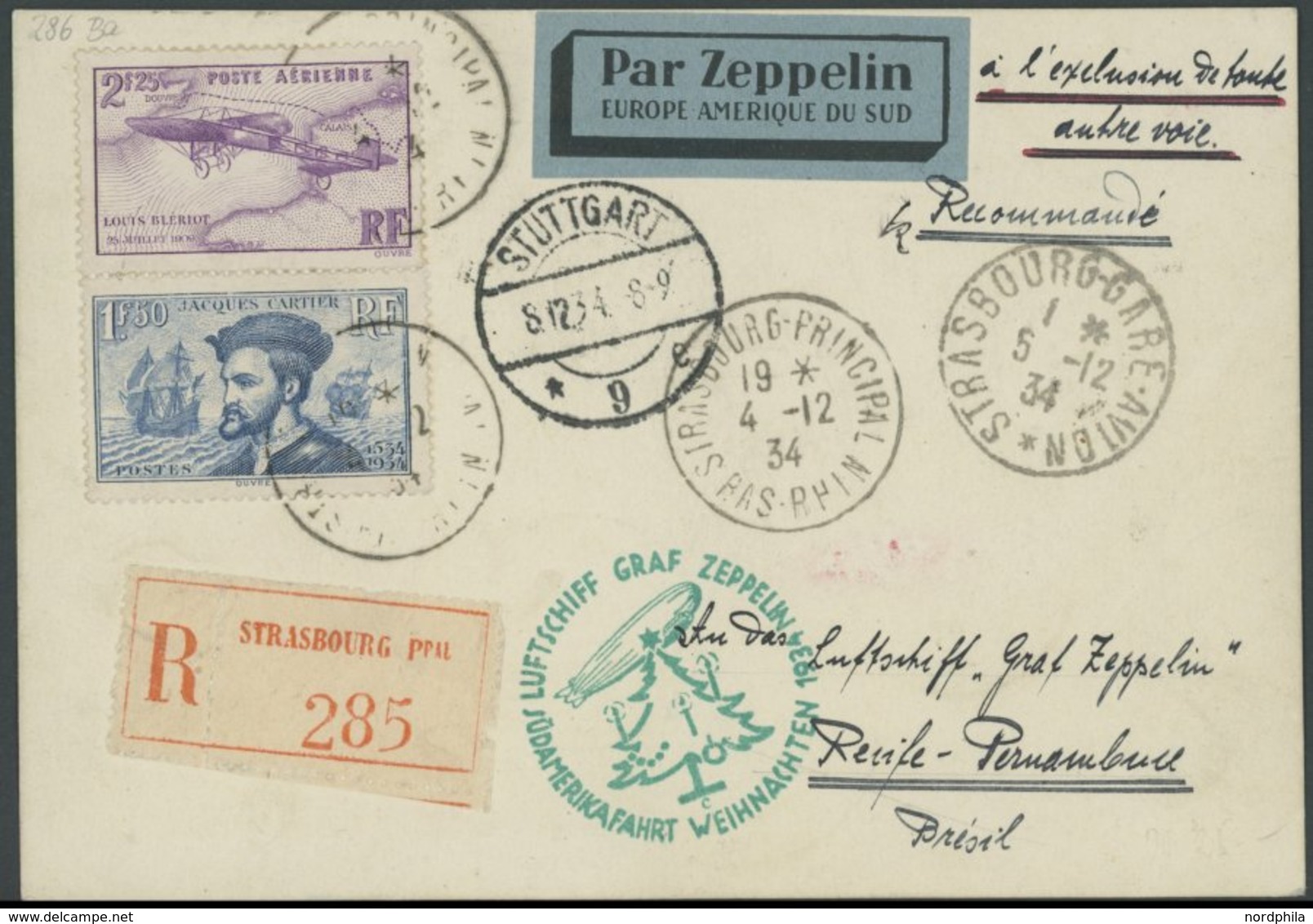 ZULEITUNGSPOST 286Ba BRIEF, Frankreich: 1934, Weihnachtsfahrt, Anschlußflug Ab Stuttgart (c), Vorder- Und Rückseitige Fr - Posta Aerea & Zeppelin