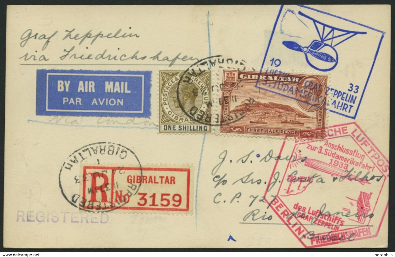 ZULEITUNGSPOST 219B BRIEF, Gibraltar: 1933, 3. Südamerikafahrt, Anschlußflug Ab Berlin, Einschreibkarte, Pracht - Airmail & Zeppelin