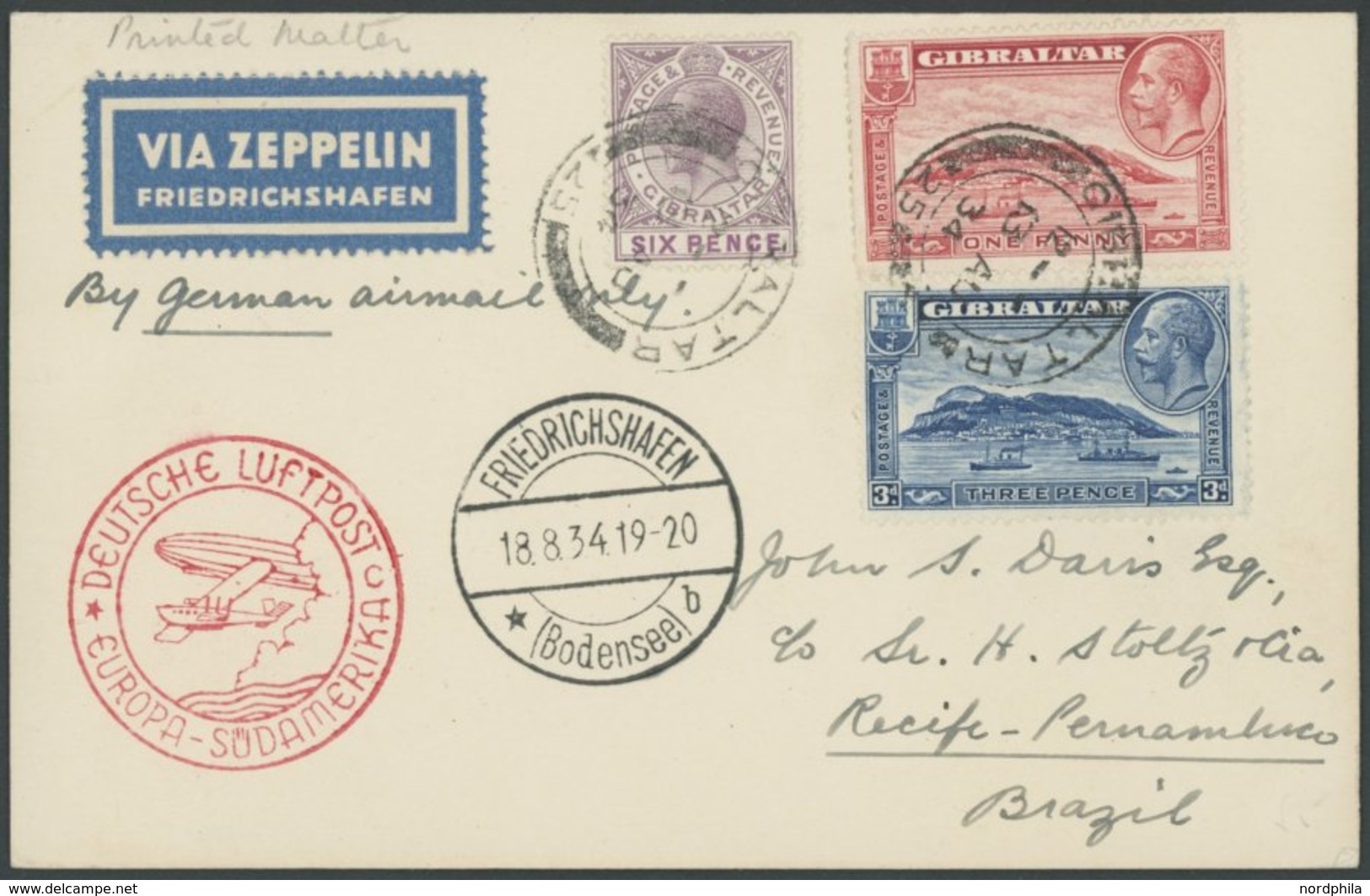 ZULEITUNGSPOST 268 BRIEF, Gibraltar: 1934, 5. Südamerikafahrt, Drucksache, Prachtkarte - Airmail & Zeppelin