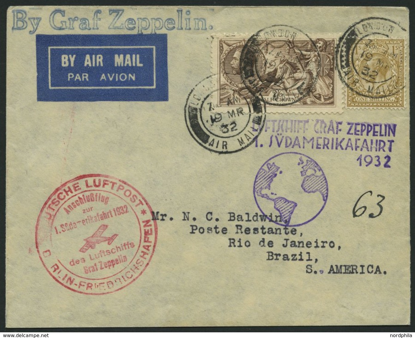 ZULEITUNGSPOST 138B BRIEF, Großbritannien: 1932, 1. Südamerikafahrt, Anschlußflug Ab Berlin, Prachtbrief - Poste Aérienne & Zeppelin