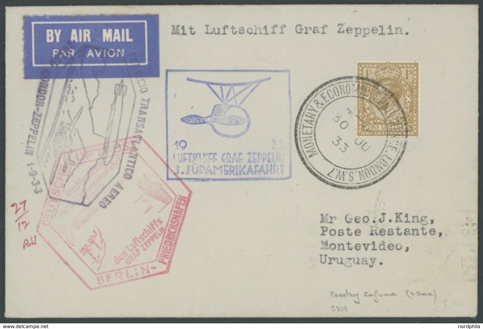 ZULEITUNGSPOST 219B BRIEF, Großbritannien: 1933, 3. Südamerikafahrt, Anschlussflug Ab Berlin, Mit Seltenem Sonderstempel - Posta Aerea & Zeppelin