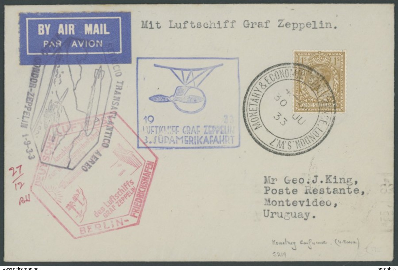 ZULEITUNGSPOST 219B BRIEF, Großbritannien: 1933, 3. Südamerikafahrt, Anschlussflug Ab Berlin, Mit Seltenem Sonderstempel - Airmail & Zeppelin