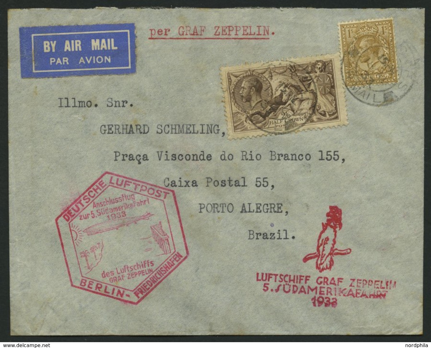 ZULEITUNGSPOST 226B BRIEF, Großbritannien: 1933, 5. Südamerikafahrt, Anschlussflug Ab Berlin, Prachtbrief - Posta Aerea & Zeppelin