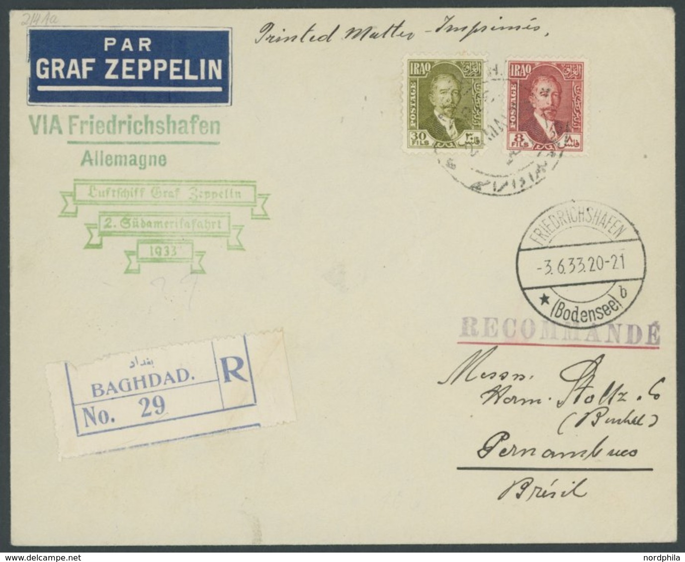 ZULEITUNGSPOST 214 BRIEF, Irak: 1933, 2. Südamerikafahrt, Einschreib-Drucksache, Prachtbrief - Correo Aéreo & Zeppelin