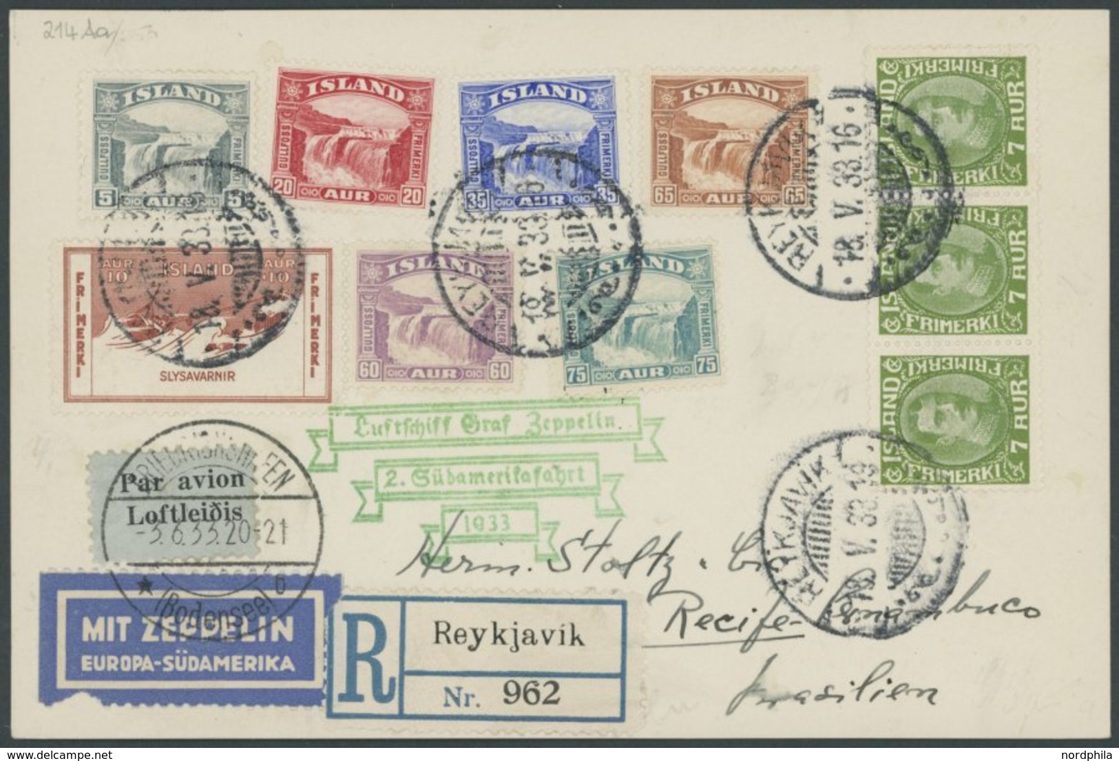 ZULEITUNGSPOST 214 BRIEF, Island: 1933, 2. Südamerikafahrt, Einschreibkarte, Pracht - Airmail & Zeppelin