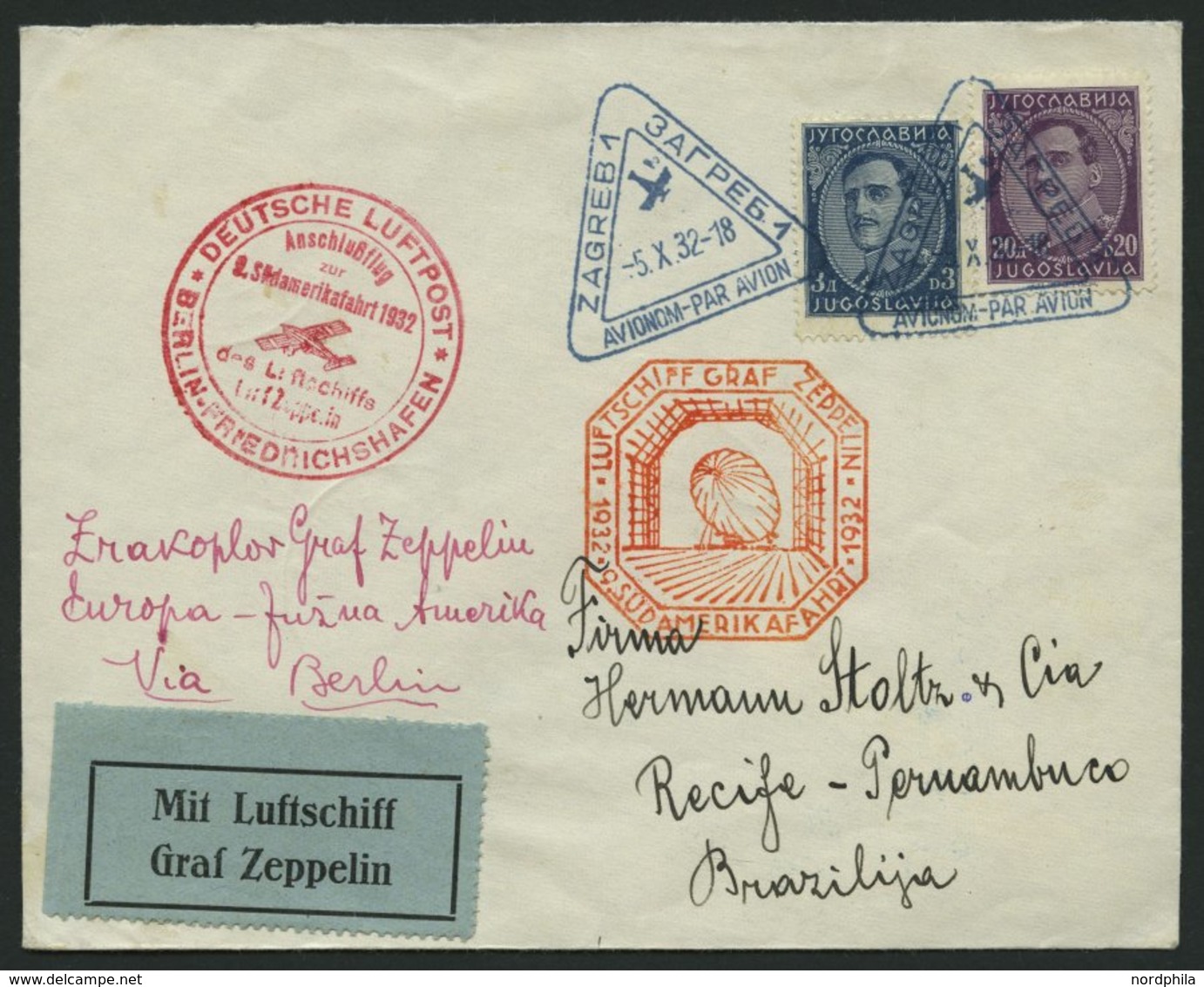 ZULEITUNGSPOST 195B BRIEF, Jugoslawien: 1932, 9. Südamerikafahrt, Anschlussflug Ab Berlin, Prachtbrief - Luft- Und Zeppelinpost