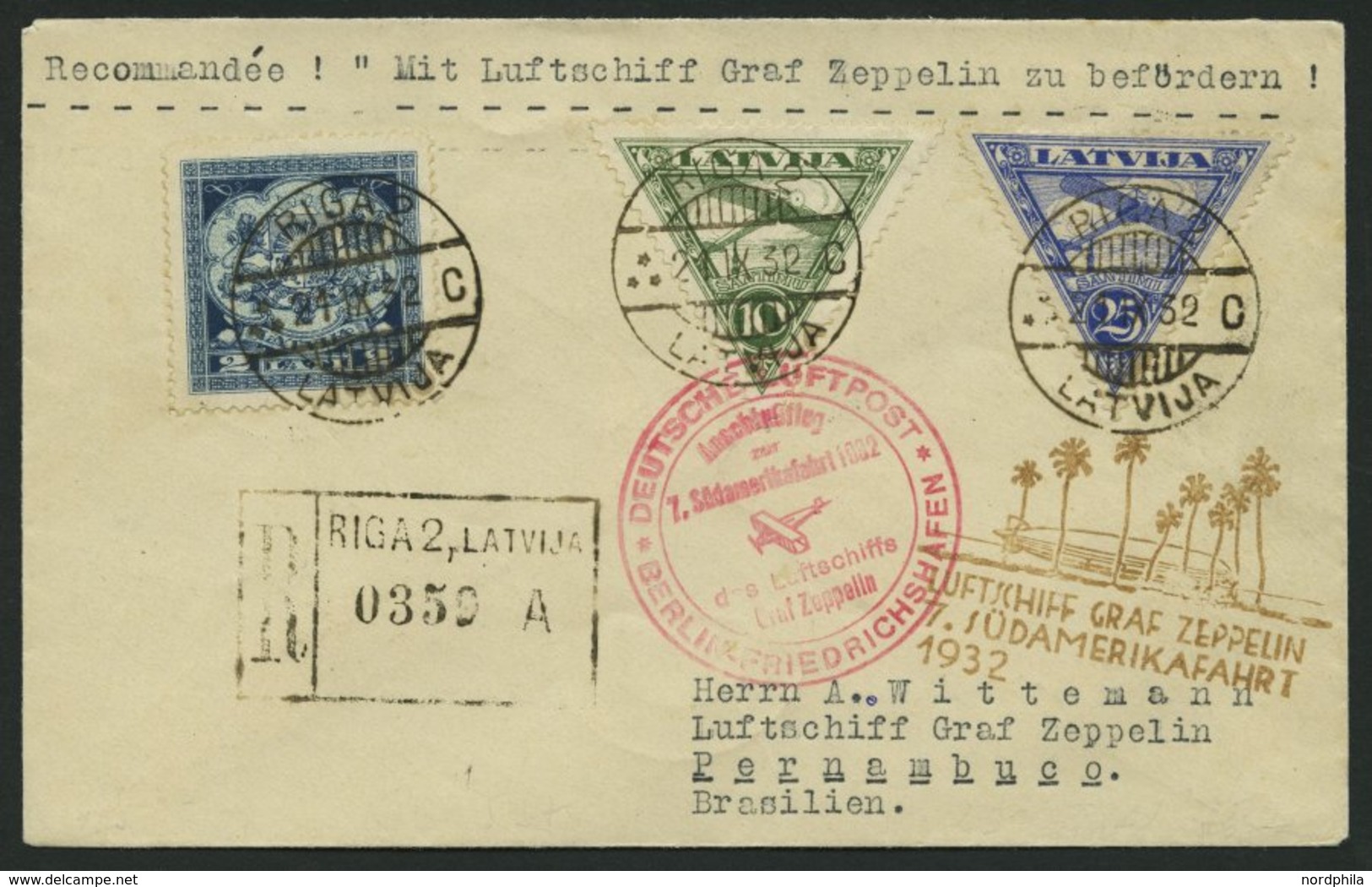 ZULEITUNGSPOST 183B BRIEF, Lettland: 1932, 7. Südamerikafahrt, Anschlussflug Ab Berlin, Einschreibbrief, Pracht - Posta Aerea & Zeppelin