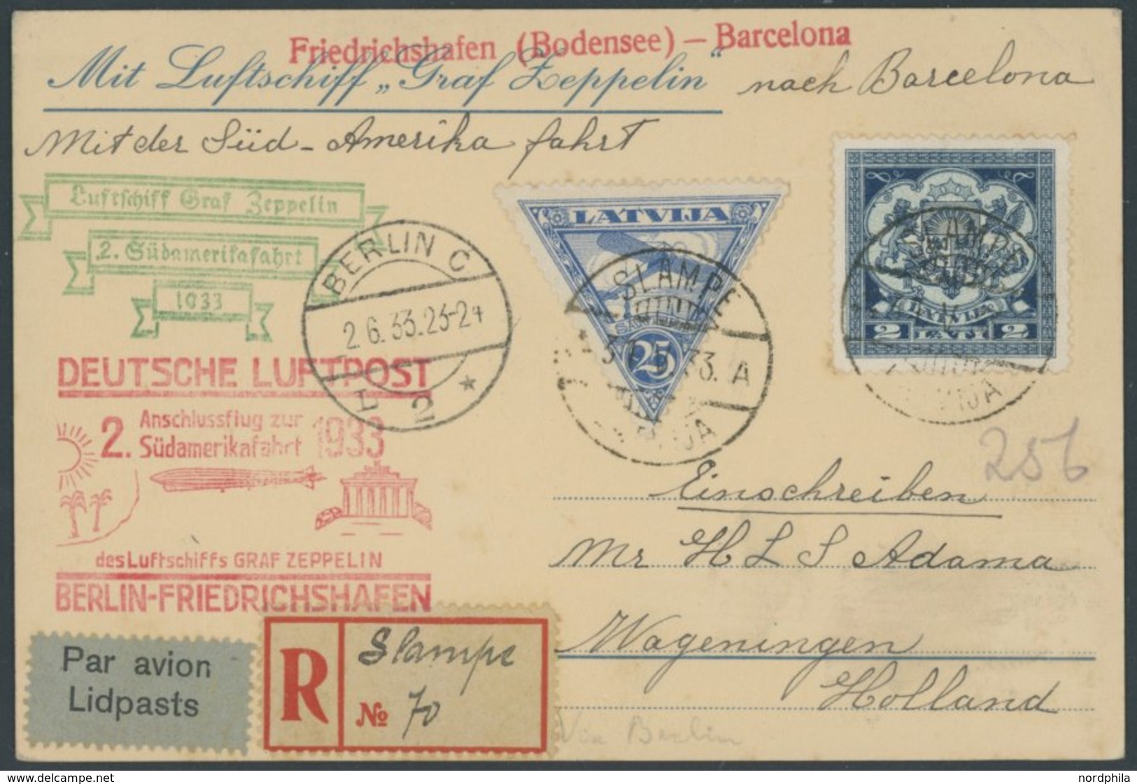 ZULEITUNGSPOST 214B,C BRIEF, Lettland: 1933, 2. Südamerikafahrt, Anschlussflug Ab Berlin, Abwurf, Barcelona, Einschreibk - Poste Aérienne & Zeppelin