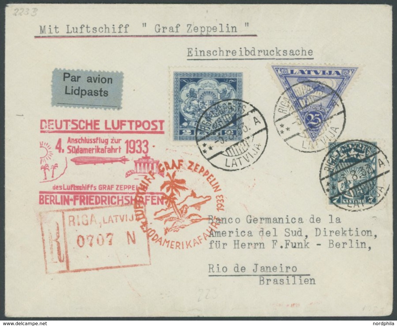 ZULEITUNGSPOST 223B BRIEF, Lettland: 1933, 4. Südamerikafahrt, Anschlußflug Ab Berlin, Einschreib-Drucksache, Pracht - Poste Aérienne & Zeppelin