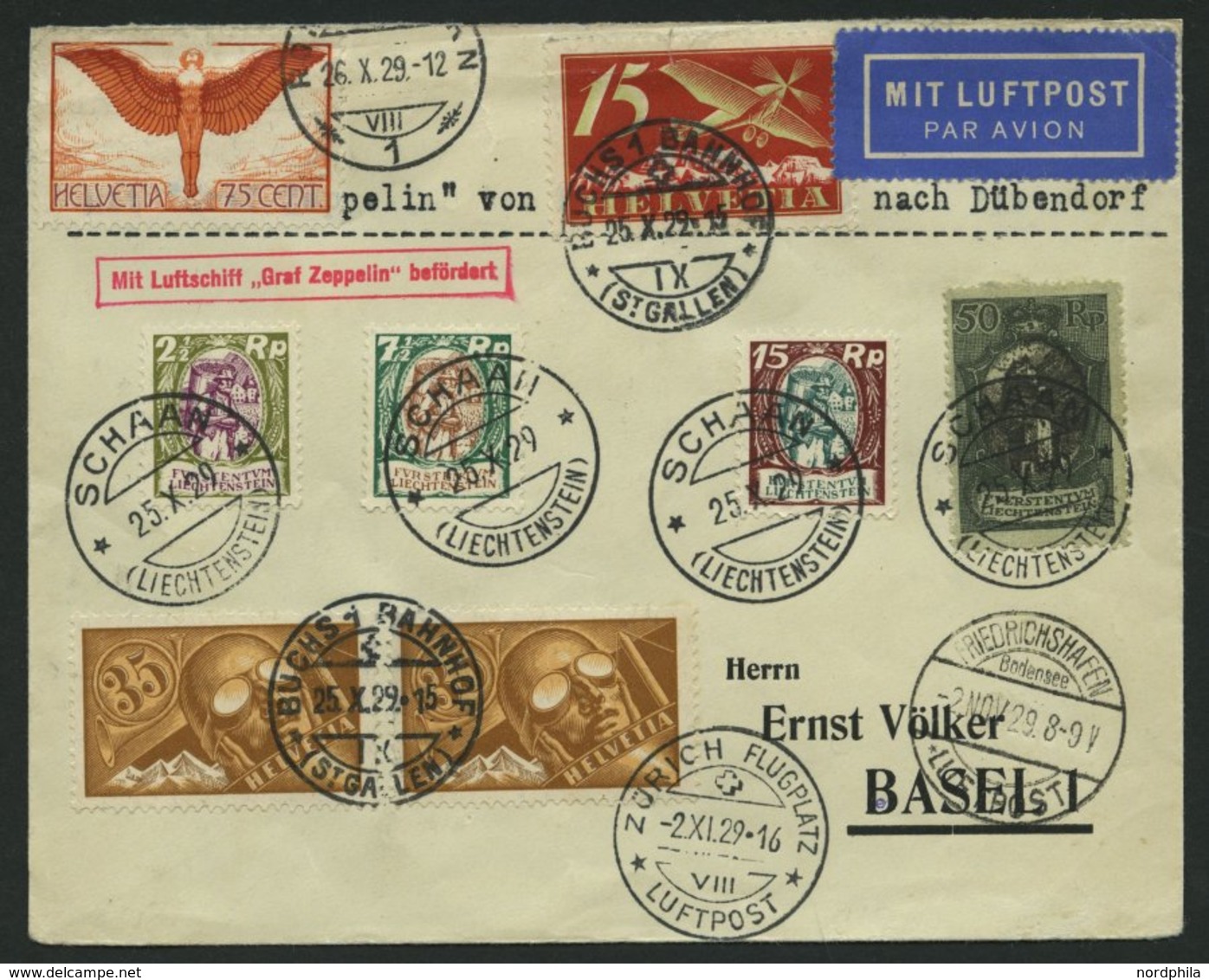 ZULEITUNGSPOST 45 BRIEF, Liechtenstein: 1929, Fahrt Nach Zürich-Dübendorf, Mit Mischfrankatur Schweiz-Liechtenstein, Pra - Poste Aérienne & Zeppelin