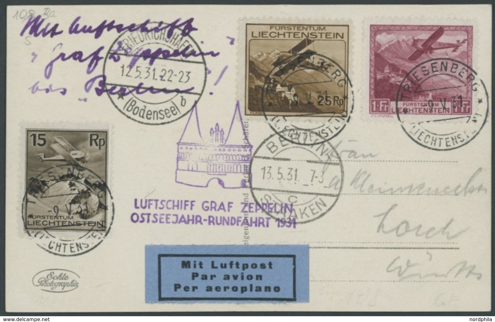 ZULEITUNGSPOST 108Ba BRIEF, Liechtenstein: 1931, Ostseejahr-Rundfahrt, Abgabe Berlin, Frankiert U.a. Mit Mi.Nr. 113, Pra - Poste Aérienne & Zeppelin