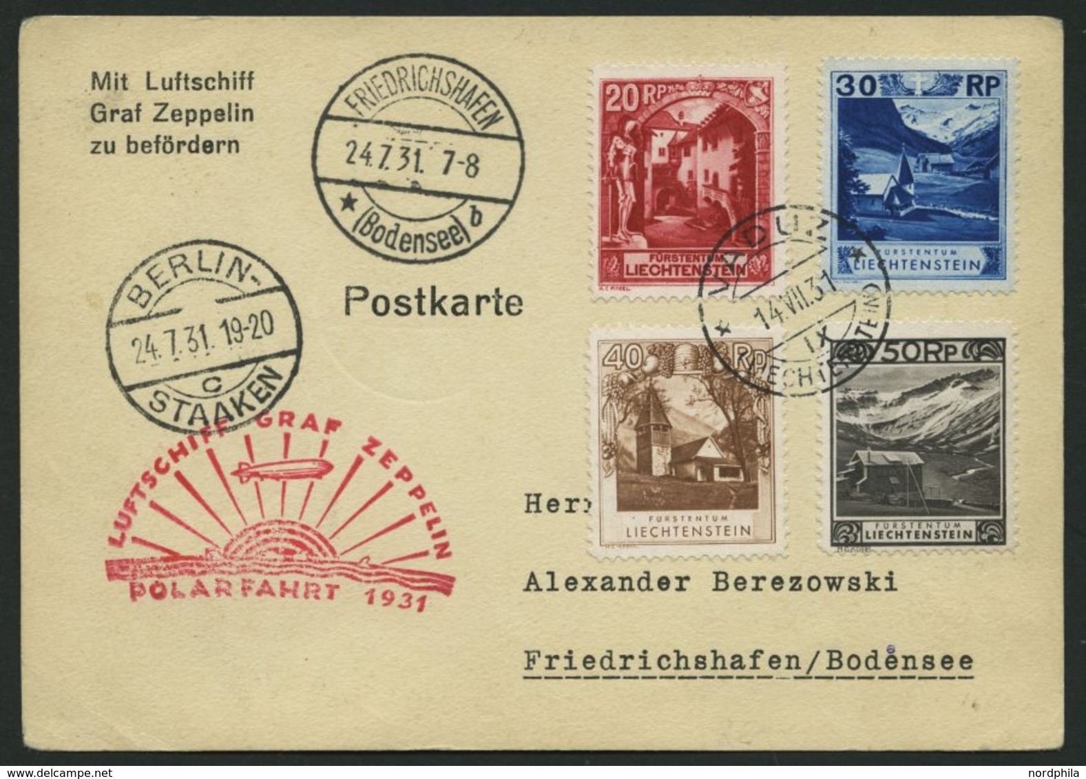 ZULEITUNGSPOST 119 BRIEF, Liechtenstein: 1931, Polarfahrt, Abgabe Berlin, Prachtkarte - Correo Aéreo & Zeppelin