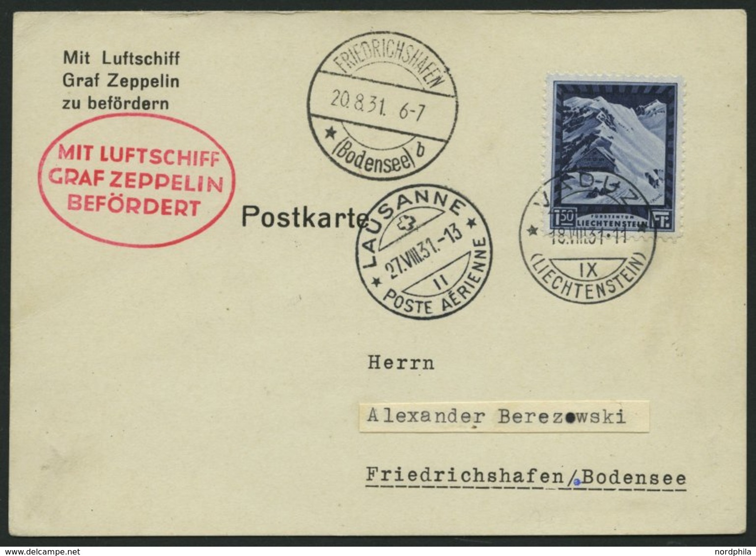 ZULEITUNGSPOST 123 BRIEF, Liechtenstein: 1931, Fahrt Nach Lausanne, Mit Einzelfrankatur Mi.Nr. 106A, Prachtkarte - Airmail & Zeppelin