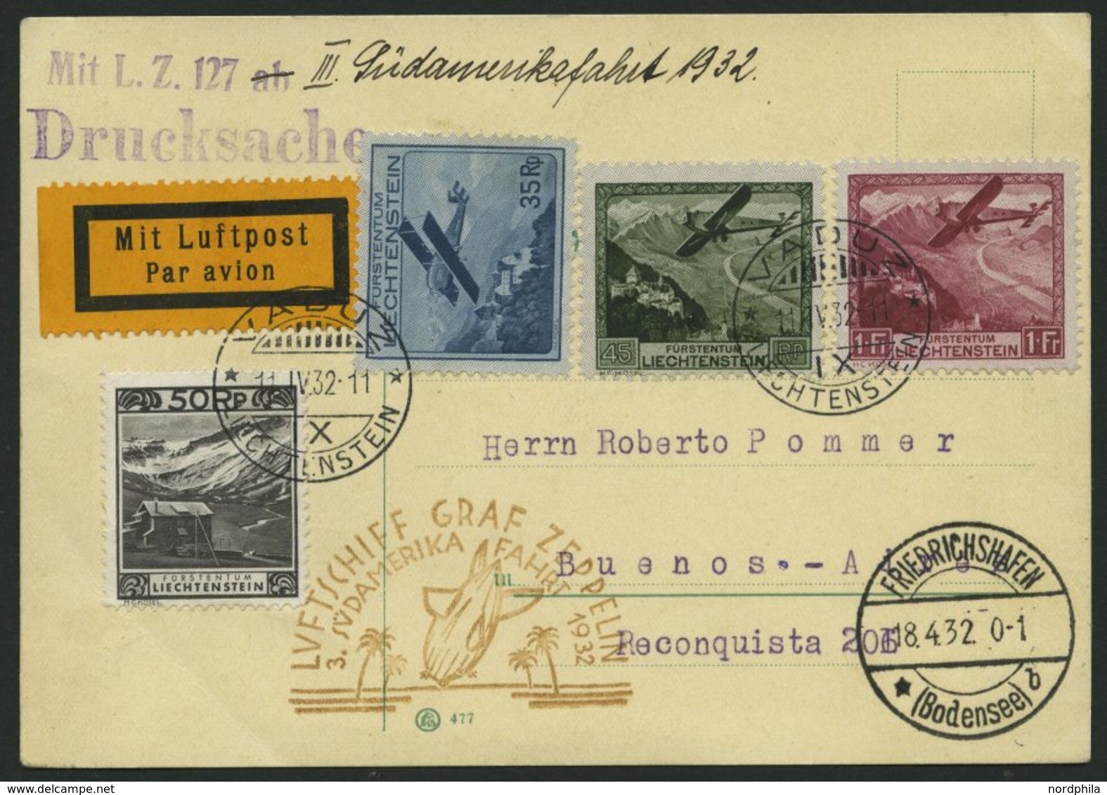 ZULEITUNGSPOST 150 BRIEF, Liechtenstein: 1932, 3. Südamerikafahrt, Drucksache, Prachtkarte - Correo Aéreo & Zeppelin