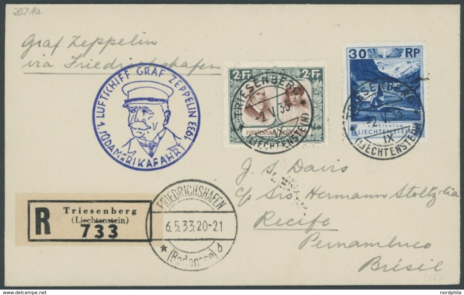 ZULEITUNGSPOST 202 BRIEF, Liechtenstein: 1933, 1. Südamerikafahrt, Prachtbrief - Poste Aérienne & Zeppelin