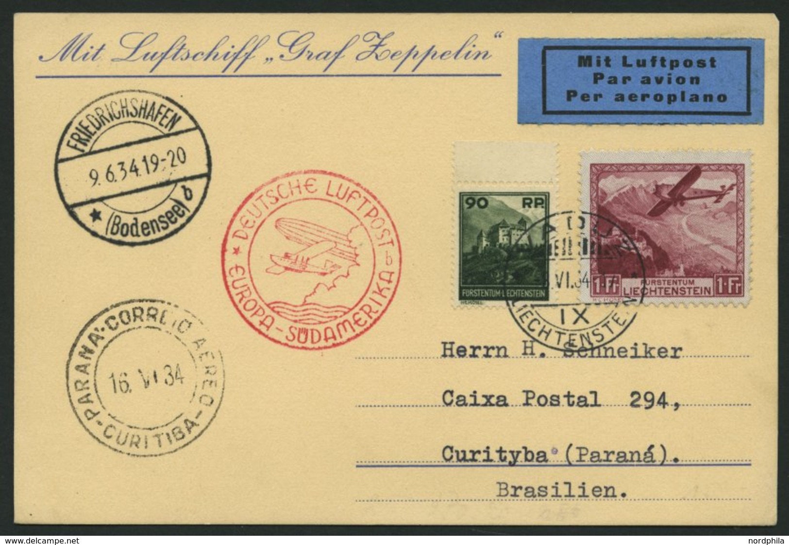 ZULEITUNGSPOST 250 BRIEF, Liechtenstein: 1934, 2. Südamerikafahrt, Prachtkarte - Correo Aéreo & Zeppelin