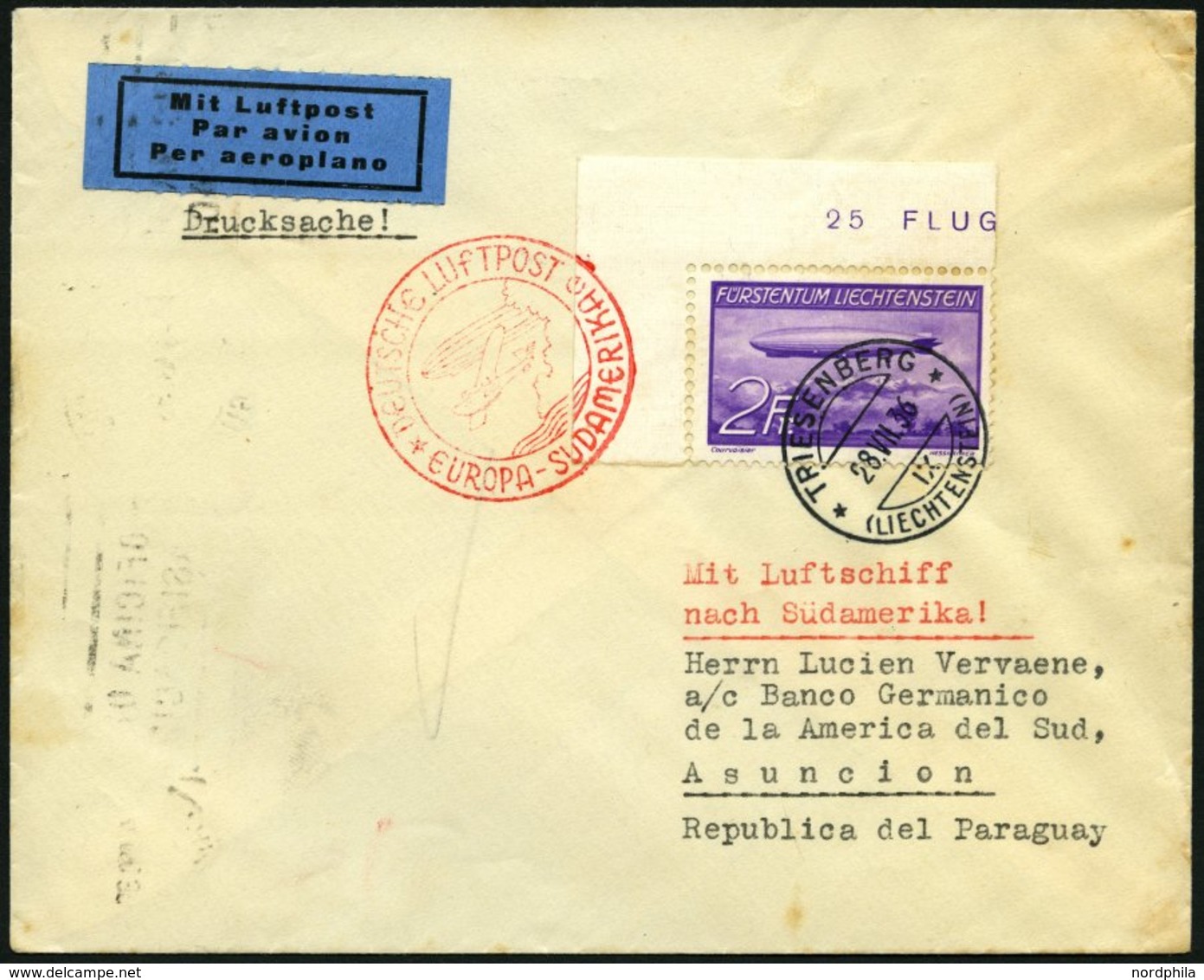 ZULEITUNGSPOST 360 BRIEF, Liechtenstein: 1936, 10. Südamerikafahrt, Frankiert Mit Bogenecke Mi.Nr. 150, Drucksache, Mini - Correo Aéreo & Zeppelin