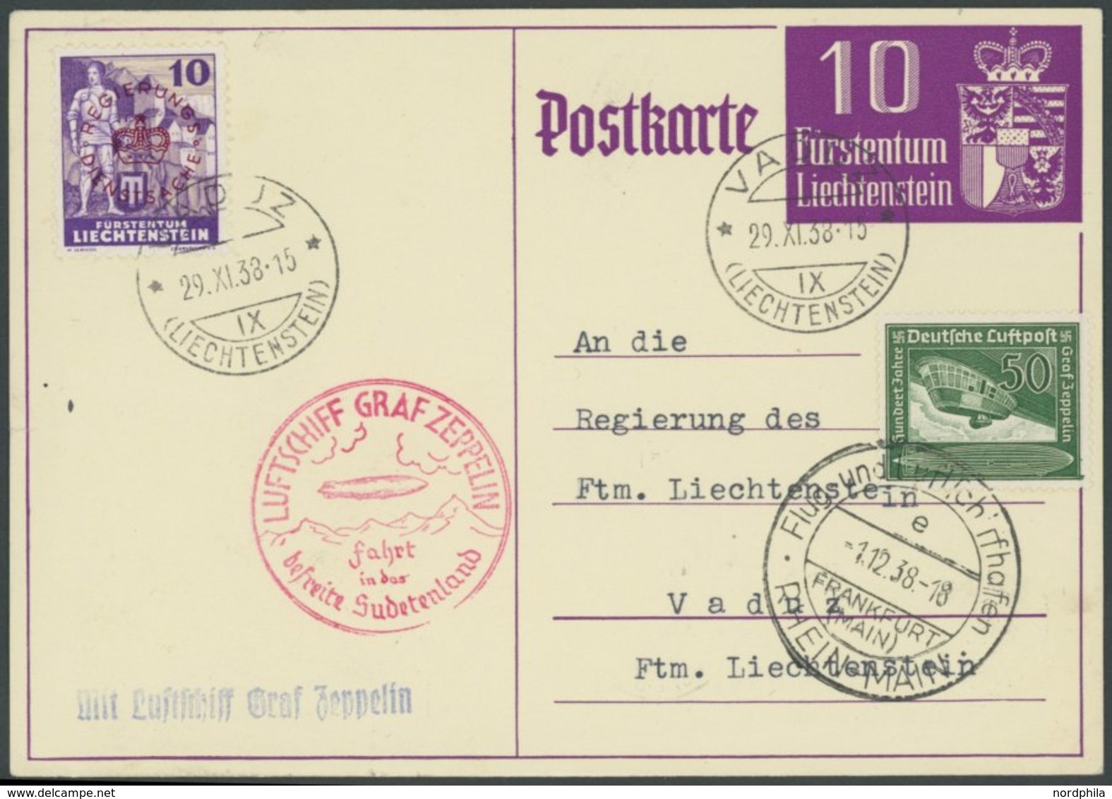 ZULEITUNGSPOST 456 BRIEF, Liechtenstein: 1938, Sudetenlandfahrt, Mit Deutscher Zusatzfrankatur, Prachtkarte - Correo Aéreo & Zeppelin