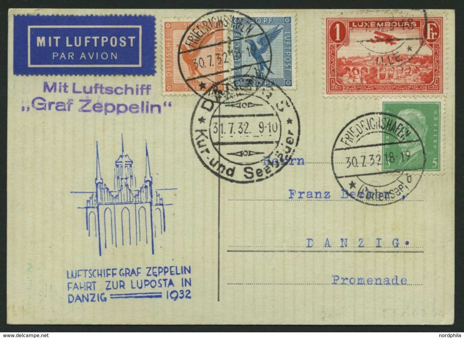 ZULEITUNGSPOST 169 BRIEF, Luxemburg: 1932, Lupostafahrt, Prachtkarte - Poste Aérienne & Zeppelin