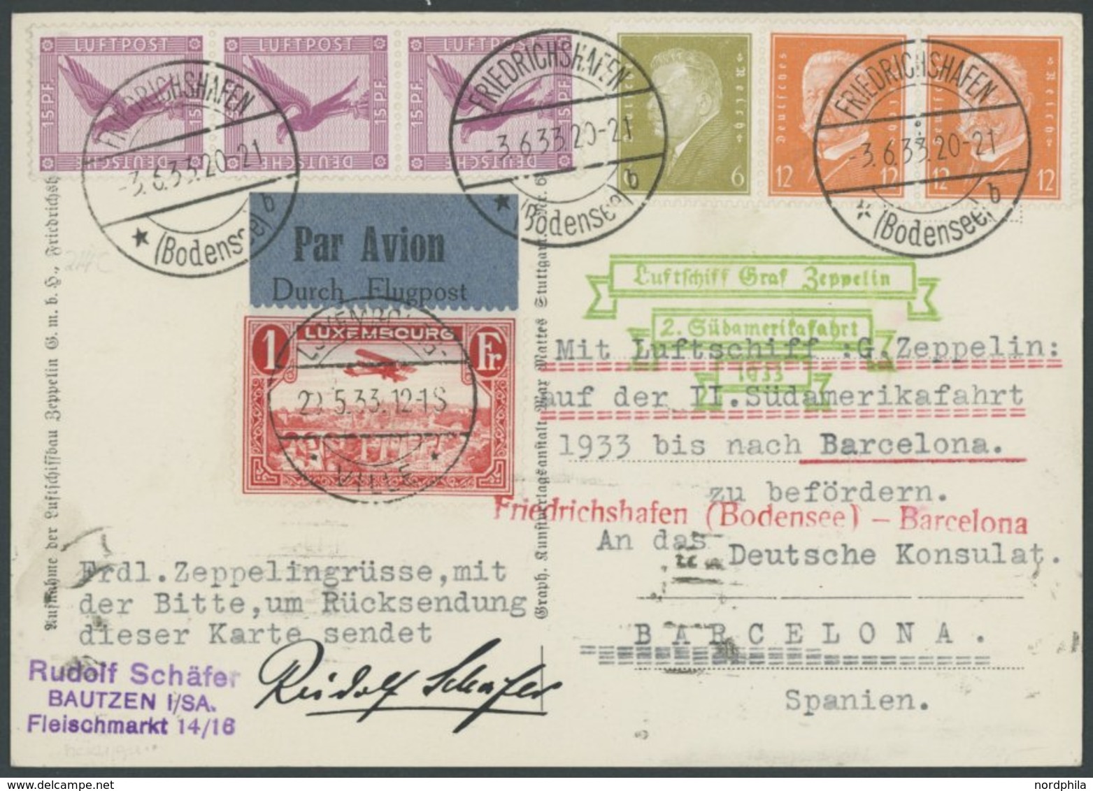 ZULEITUNGSPOST 214C BRIEF, Luxemburg: 1933, 2. Südamerikafahrt, Abwurf, Barcelona, Mit Deutscher Zusatzfrankatur, Pracht - Poste Aérienne & Zeppelin