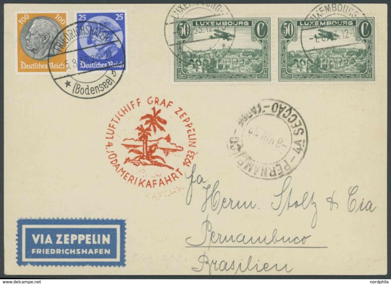 ZULEITUNGSPOST 223 BRIEF, Luxemburg: 1933, 4. Südamerikafahrt, Mit Deutscher Zusatzfrankatur, Prachtkarte - Posta Aerea & Zeppelin