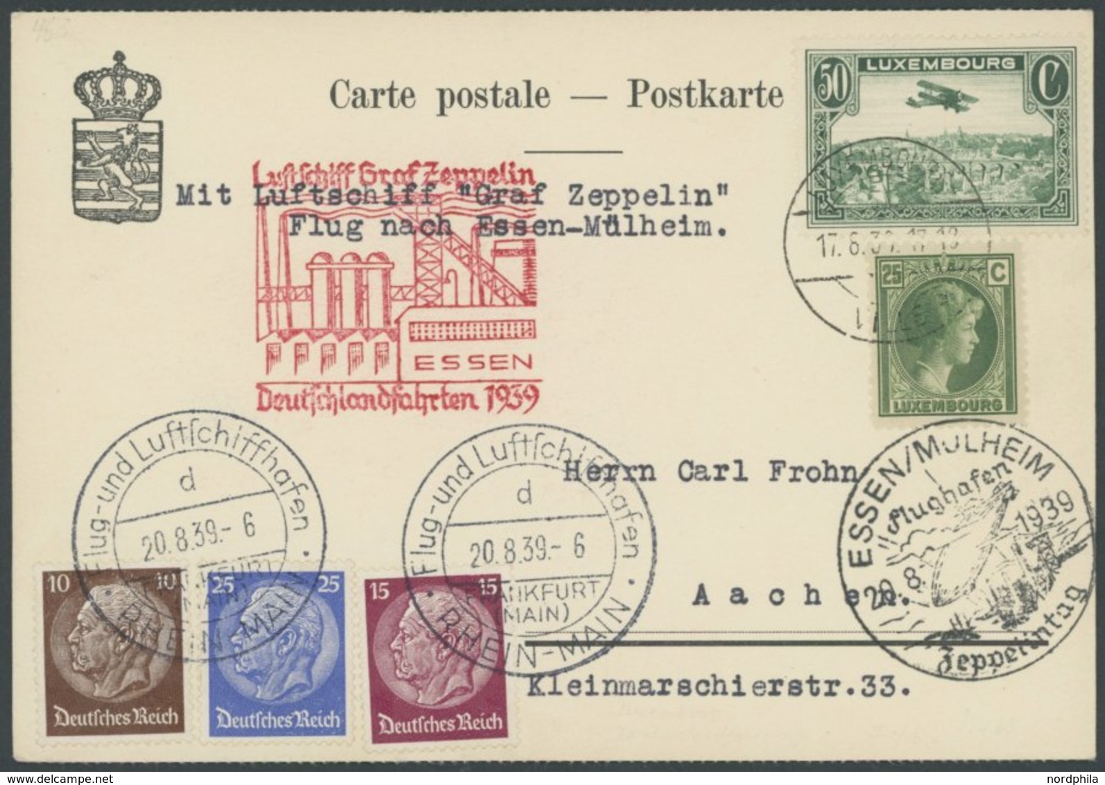 ZULEITUNGSPOST 463 BRIEF, Luxemburg: 1939, Fahrt Nach Essen, Mit Deutscher Zusatzfrankatur, Sieger Unbekannt! - Correo Aéreo & Zeppelin