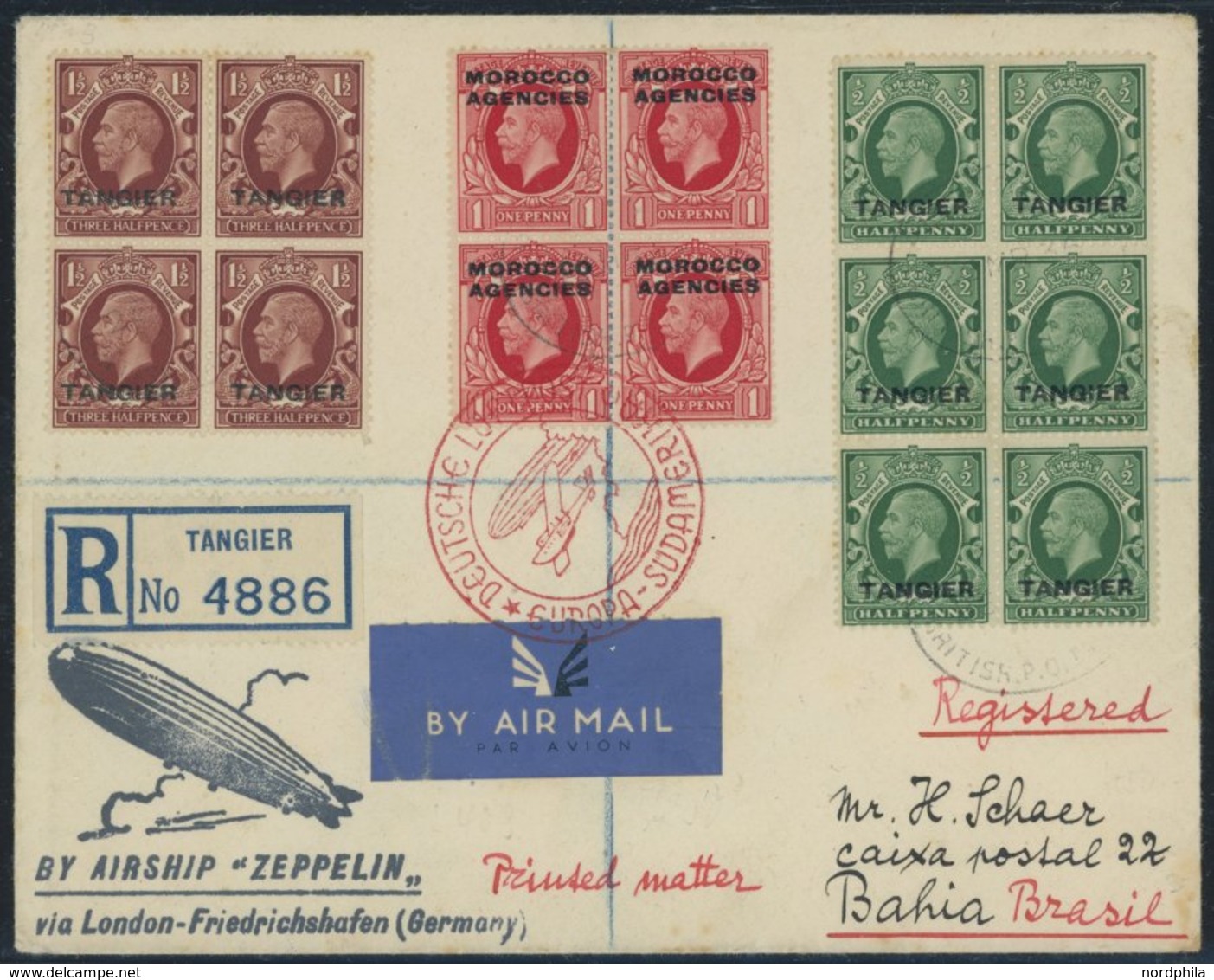 ZULEITUNGSPOST 403 BRIEF, Marokko Britisches Protektorat: 1936, 1. Südamerikafahrt, Einschreib-Drucksache, Frankiert Mit - Posta Aerea & Zeppelin