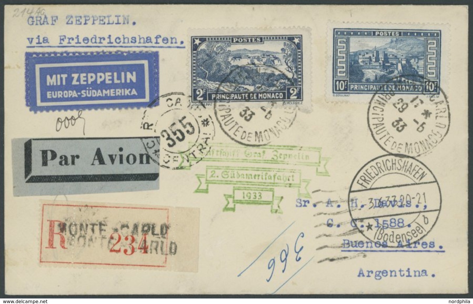 ZULEITUNGSPOST 214 BRIEF, Monaco: 1933, 2. Südamerikafahrt, Einschreibbrief, Pracht - Posta Aerea & Zeppelin
