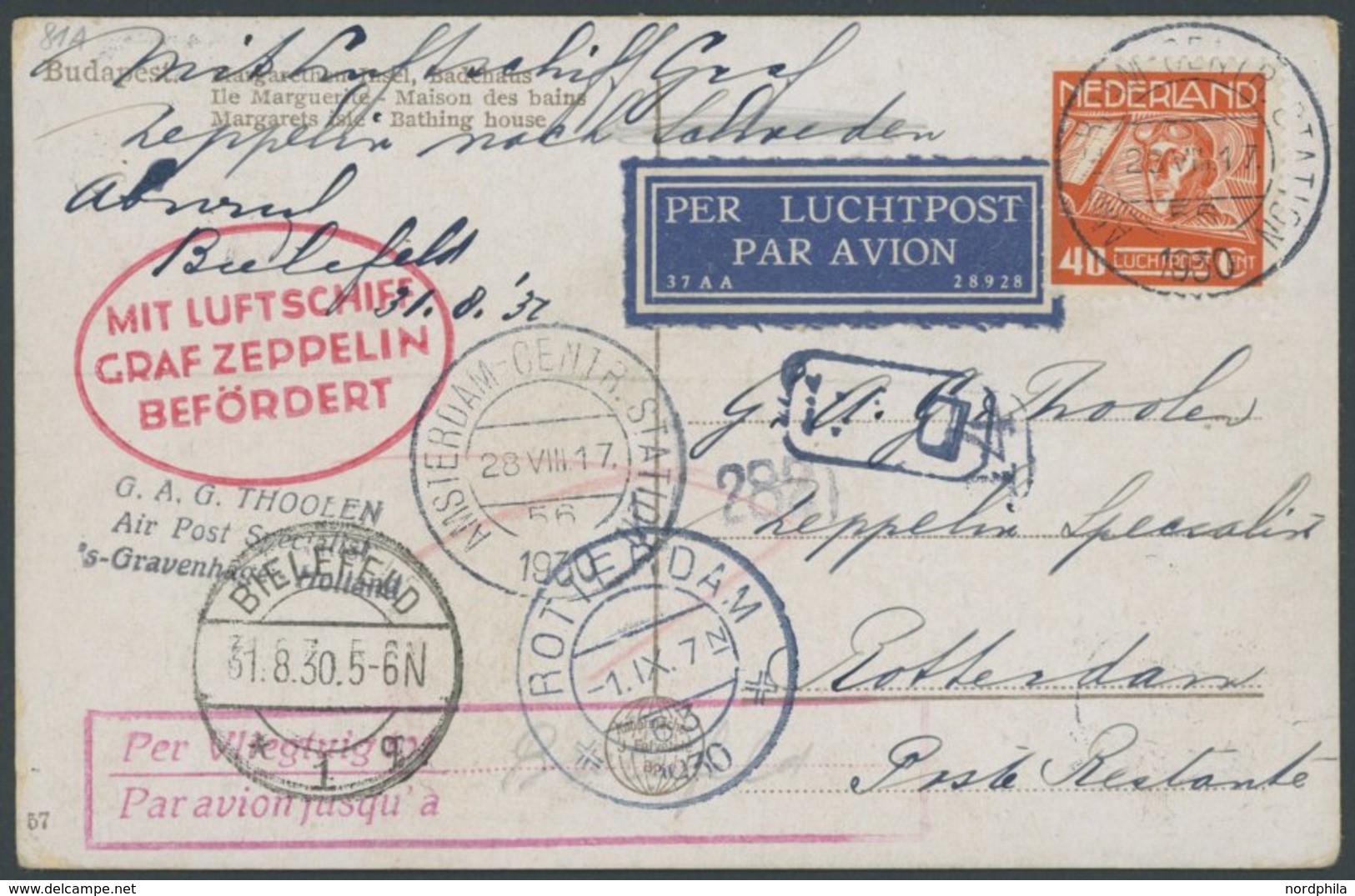 ZULEITUNGSPOST 81 BRIEF, Niederlande: 1930, Fahrt Nach Bielefeld, Prachtkarte - Correo Aéreo & Zeppelin