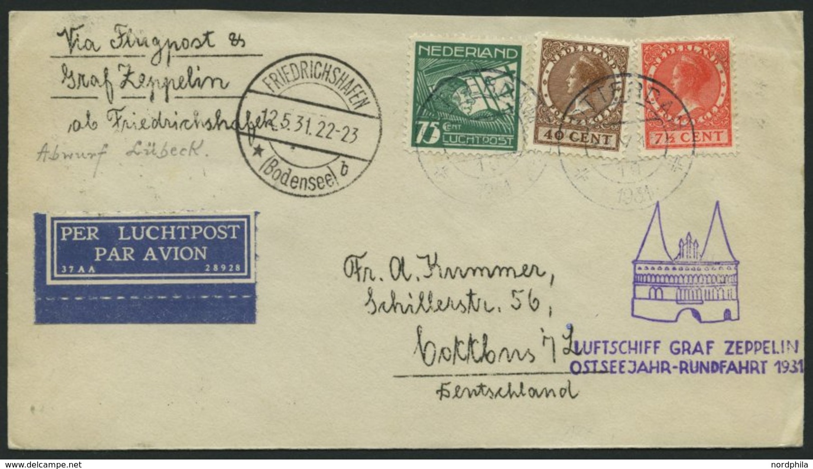 ZULEITUNGSPOST 108 BRIEF, Niederlande: 1931, Ostseejahr-Rundfahrt Bis Lübeck, Prachtbrief - Poste Aérienne & Zeppelin