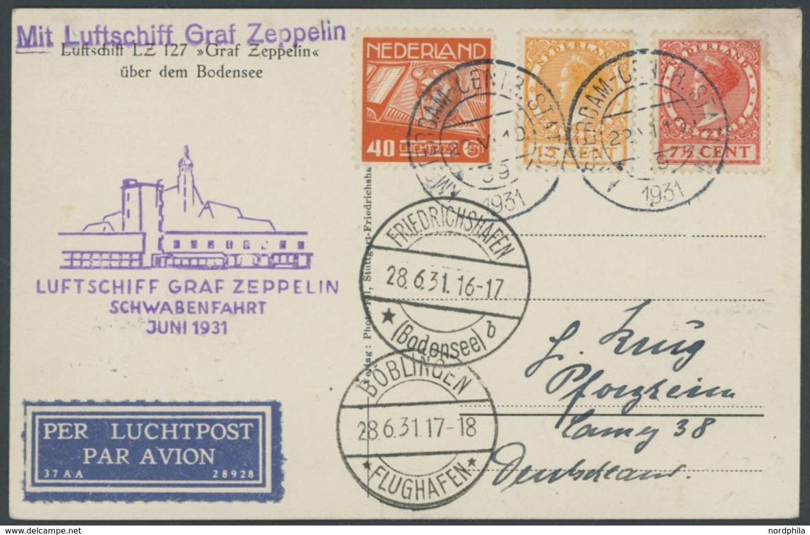 ZULEITUNGSPOST 112 BRIEF, Niederlande: 1931, Schwabenfahrt, Prachtkarte - Poste Aérienne & Zeppelin