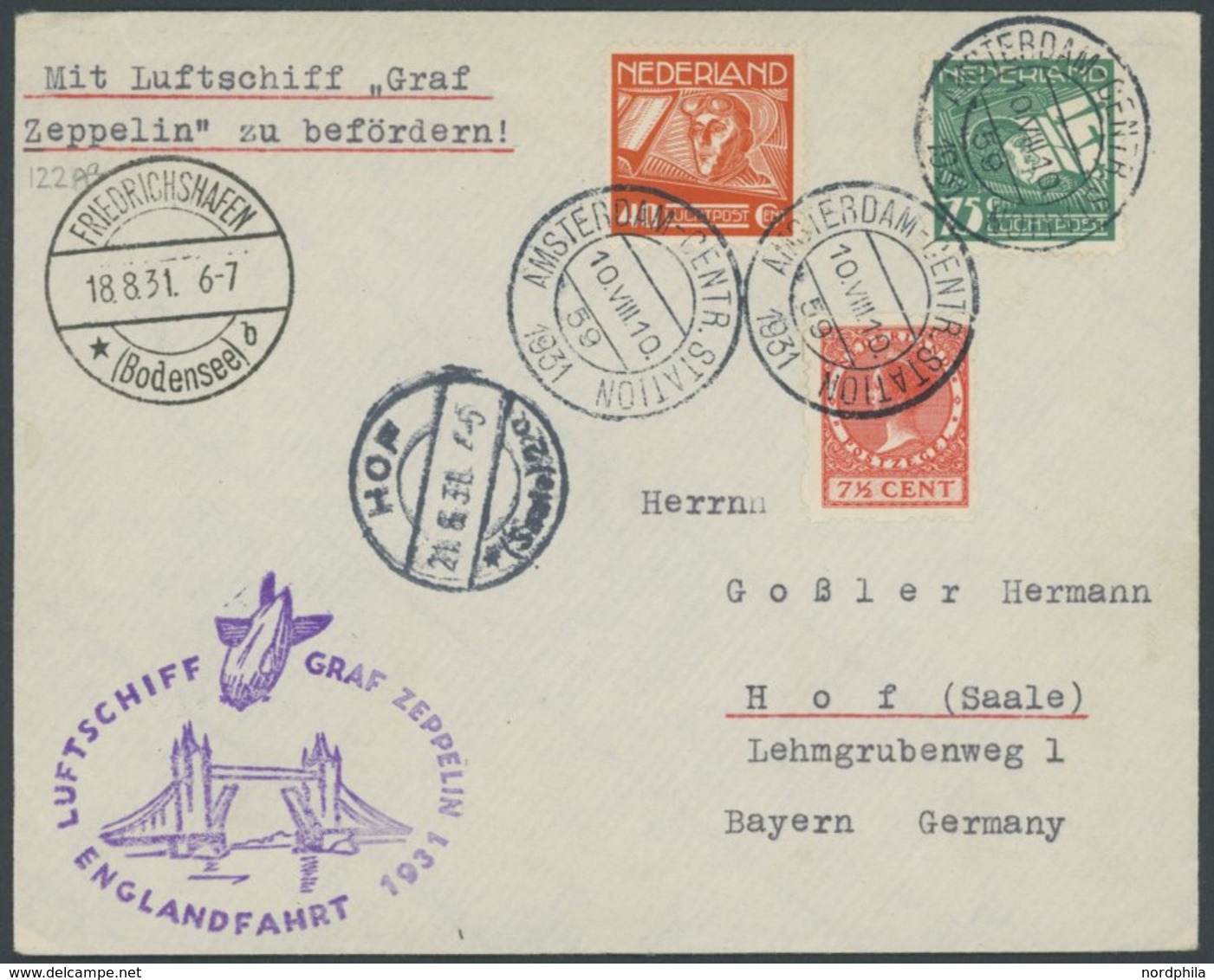 ZULEITUNGSPOST 122 BRIEF, Niederlande: 1931, Englandfahrt, Prachtbrief - Correo Aéreo & Zeppelin