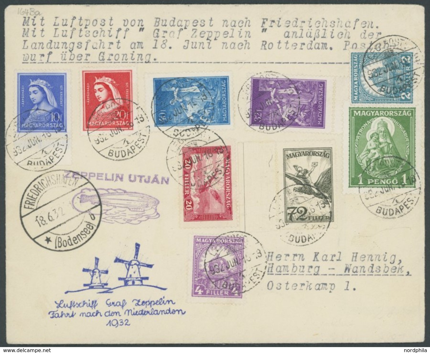 ZULEITUNGSPOST 164B BRIEF, Niederlande: 1932, Fahrt In Die Niederlande, Abwurf Groningen, Prachtbrief - Poste Aérienne & Zeppelin