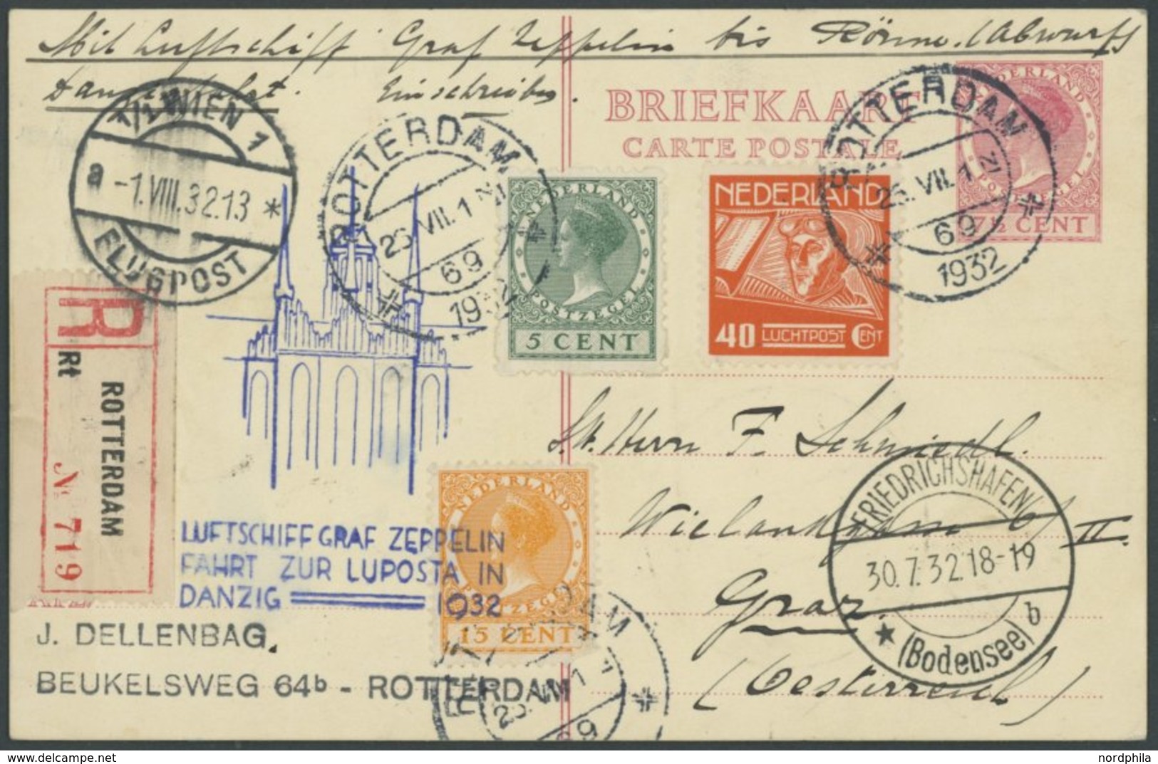 ZULEITUNGSPOST 169A BRIEF, Niederlande: 1932, LUPOSTA-Fahrt, Bis Danzig, Einschreibkarte An Den Raketenpionier Schmiedl, - Poste Aérienne & Zeppelin