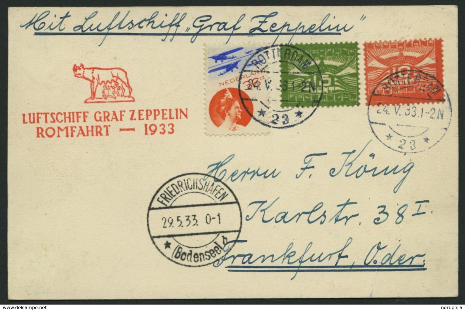 ZULEITUNGSPOST 207Aaa BRIEF, Niederlande: 1933, Italienfahrt, Auflieferung Friedrichshafen, Ohne Ankunftsstempel, Pracht - Correo Aéreo & Zeppelin