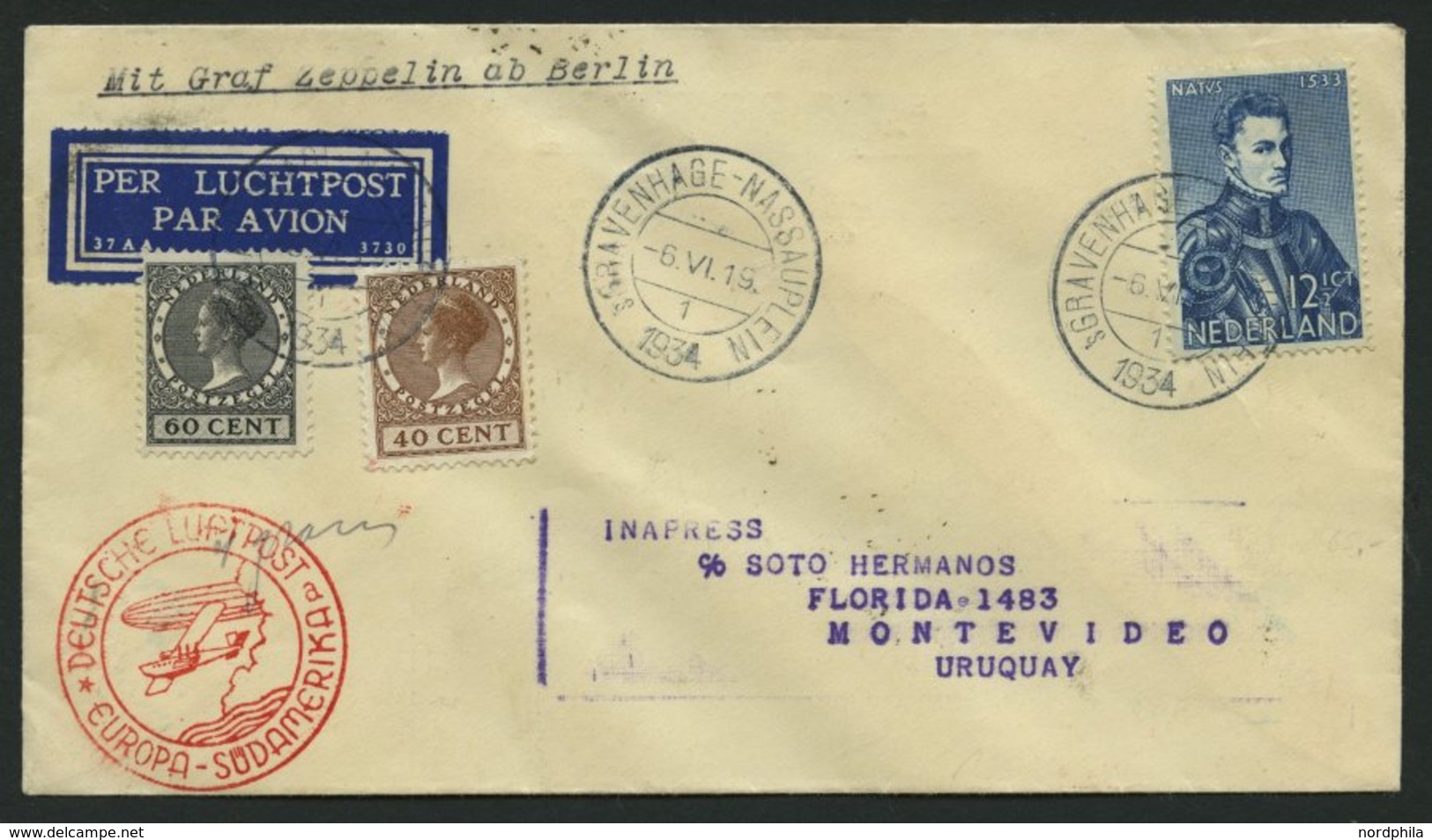 ZULEITUNGSPOST 250Bb BRIEF, Niederlande: 1934: 2. Südamerikafahrt, Anschlussflug Ab Berlin, Prachtbrief - Correo Aéreo & Zeppelin