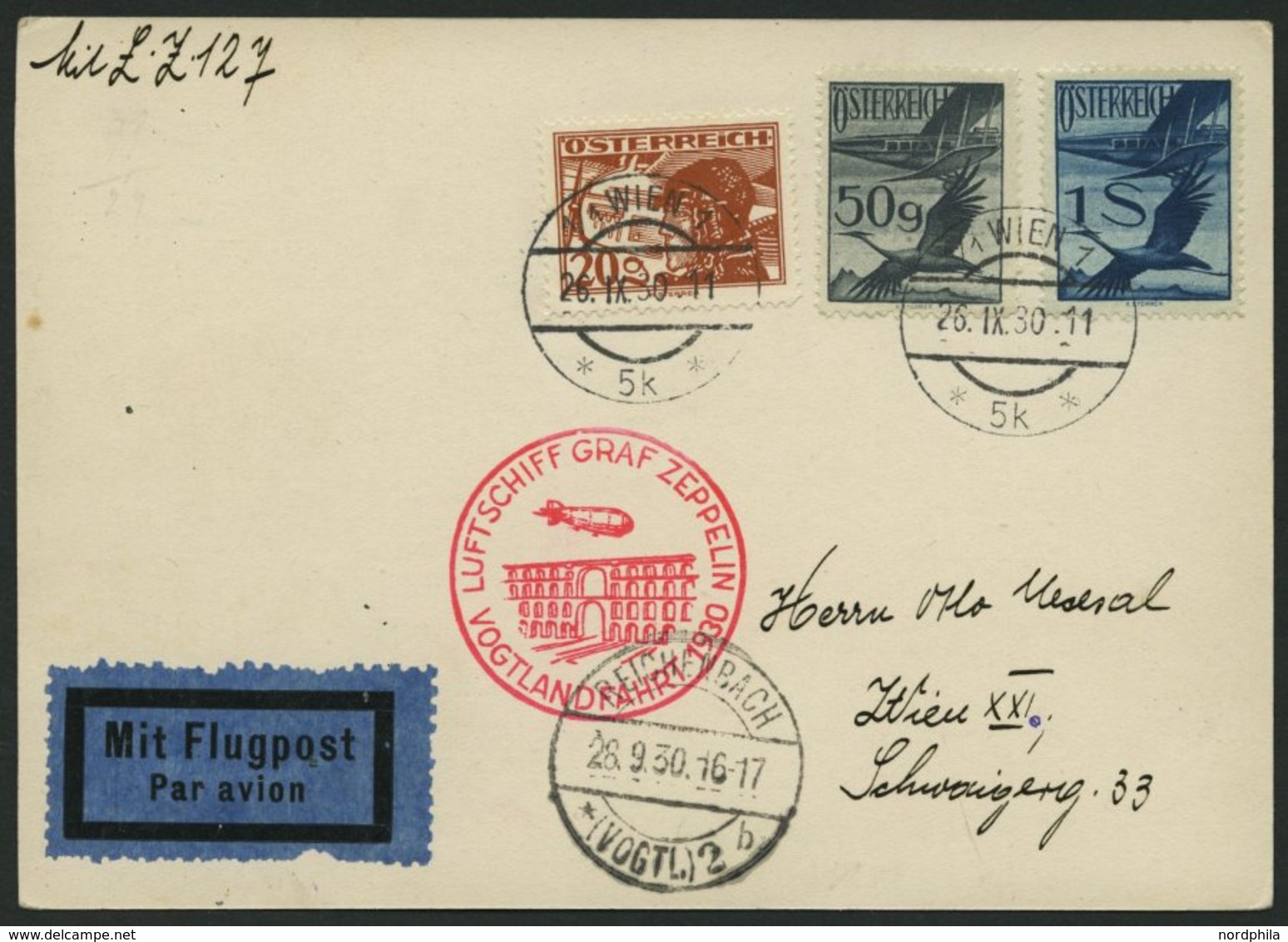 ZULEITUNGSPOST 90 BRIEF, Österreich: 1930, Vogtlandfahrt, Prachtkarte - Correo Aéreo & Zeppelin