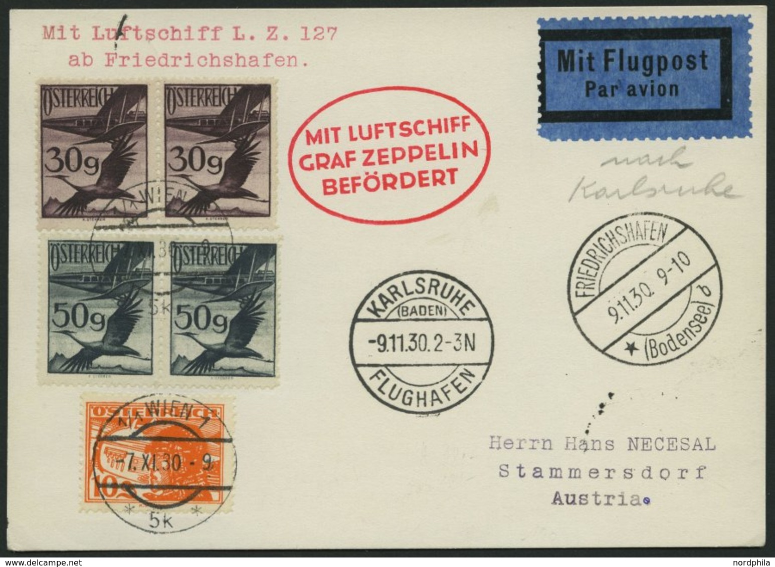 ZULEITUNGSPOST 97 BRIEF, Österreich: 1930, Landungsfahrt Nach Karlsruhe, Prachtbrief - Correo Aéreo & Zeppelin