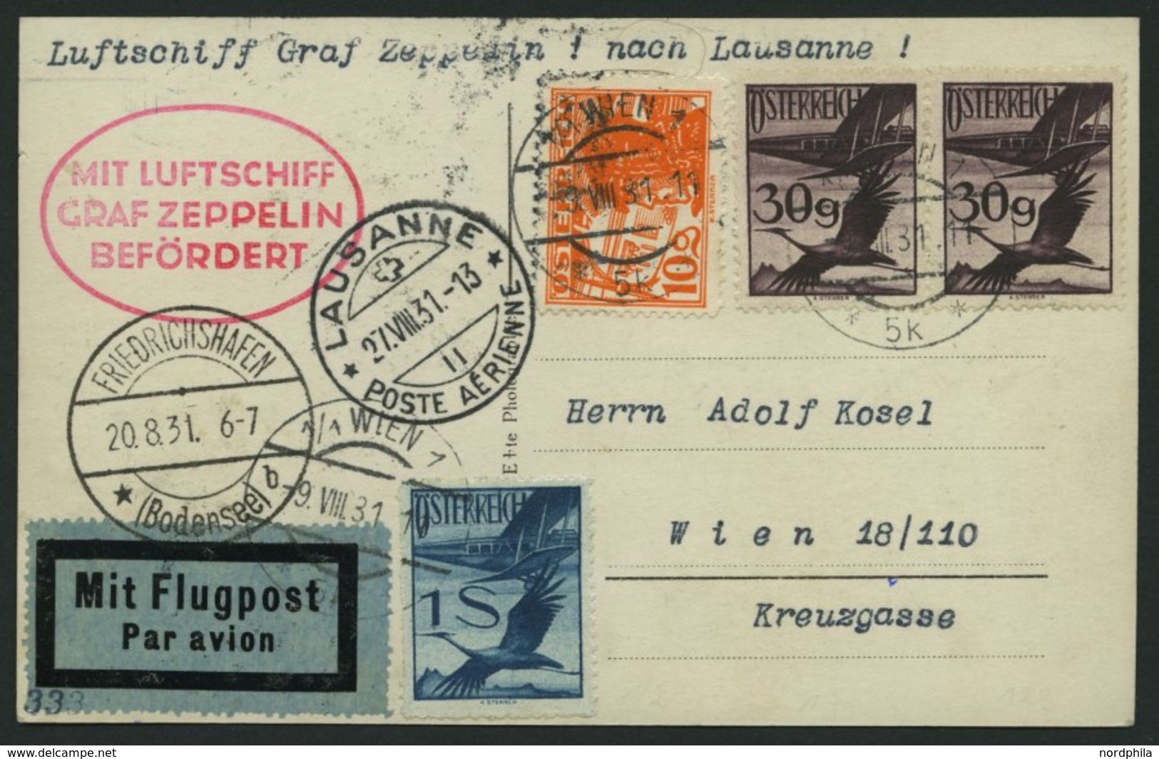 ZULEITUNGSPOST 123 BRIEF, Österreich, 1931, Fahrt Nach Lausanne, Prachtkarte - Poste Aérienne & Zeppelin