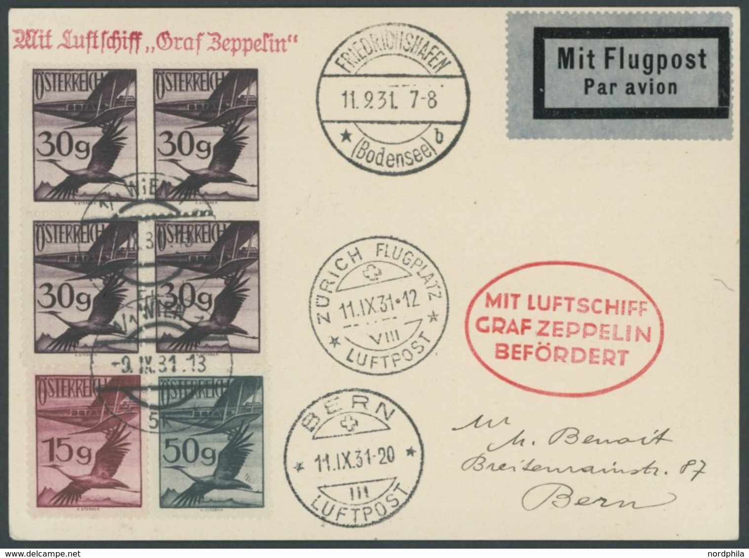 ZULEITUNGSPOST 127A BRIEF, Österreich: 1931, Zürichfahrt, Nach Zürich Und Weiter Nach Bern, Mit Allen Stempeln, Prachtka - Poste Aérienne & Zeppelin