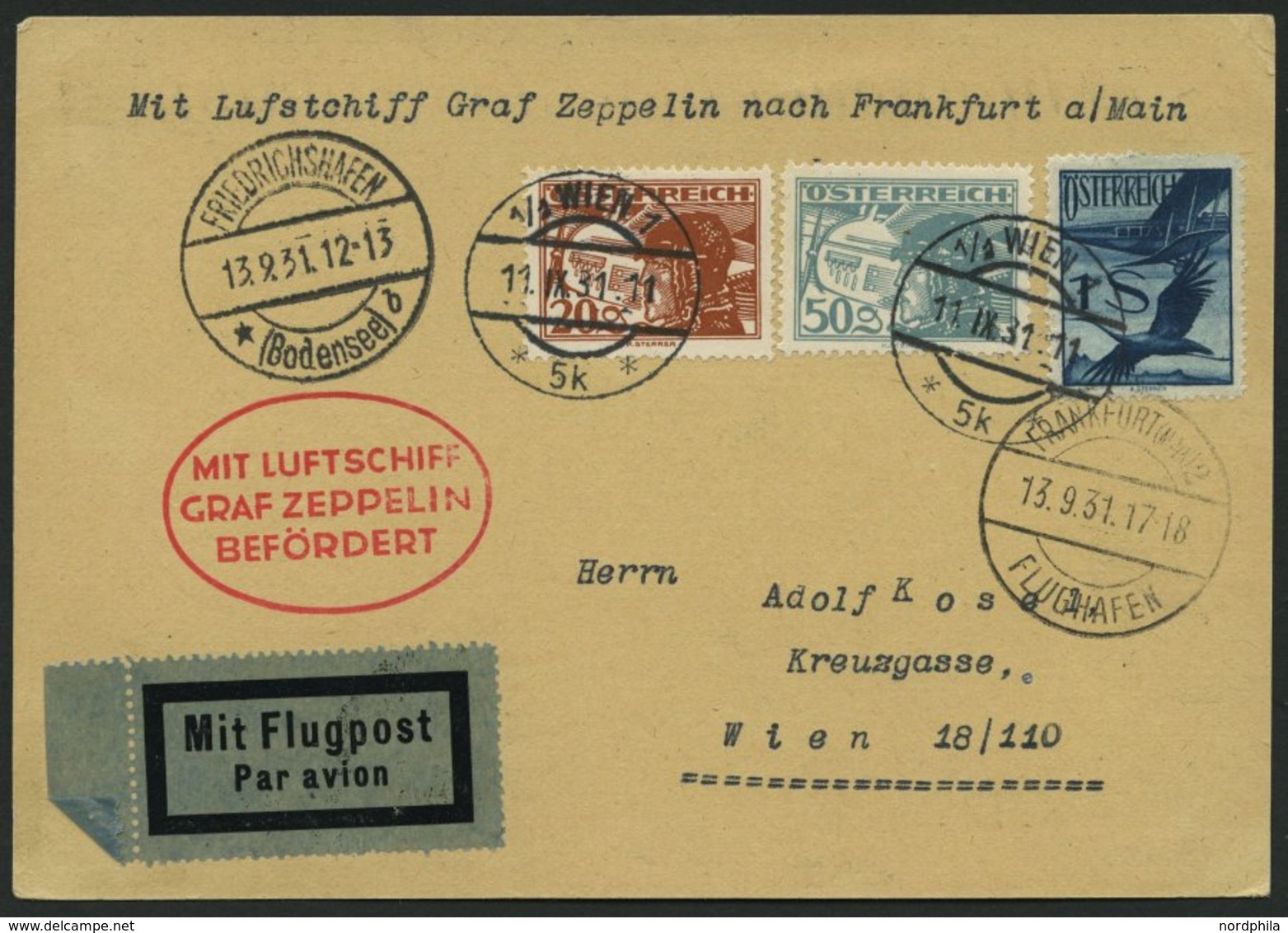 ZULEITUNGSPOST 128 BRIEF, Österreich: 1931, Fahrt Öhringen-Frankfurt Am Main, Prachtkarte - Poste Aérienne & Zeppelin