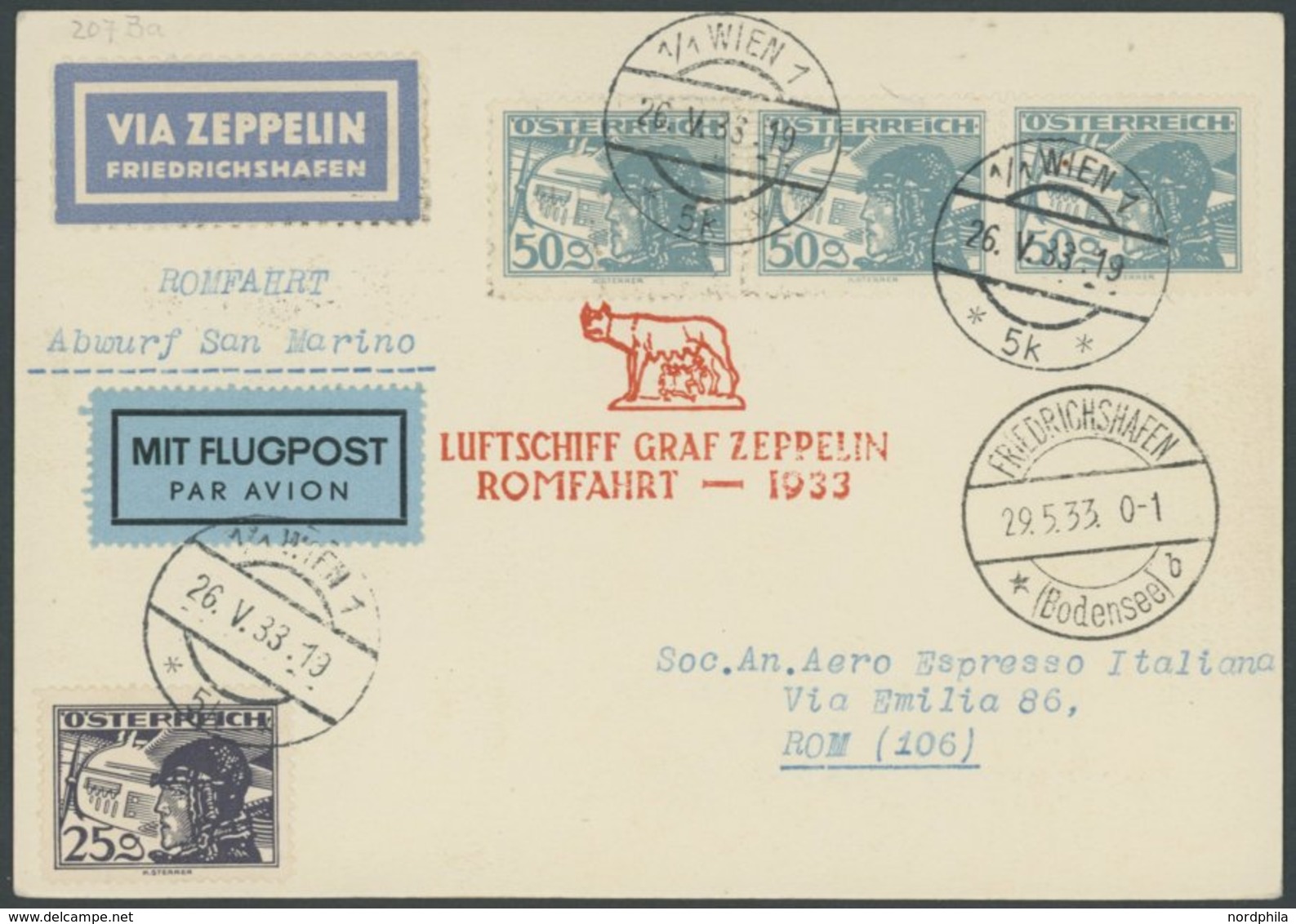 ZULEITUNGSPOST 207B BRIEF, Österreich: 1933, Italienfahrt, Postabgabe Rom, Prachtkarte - Poste Aérienne & Zeppelin