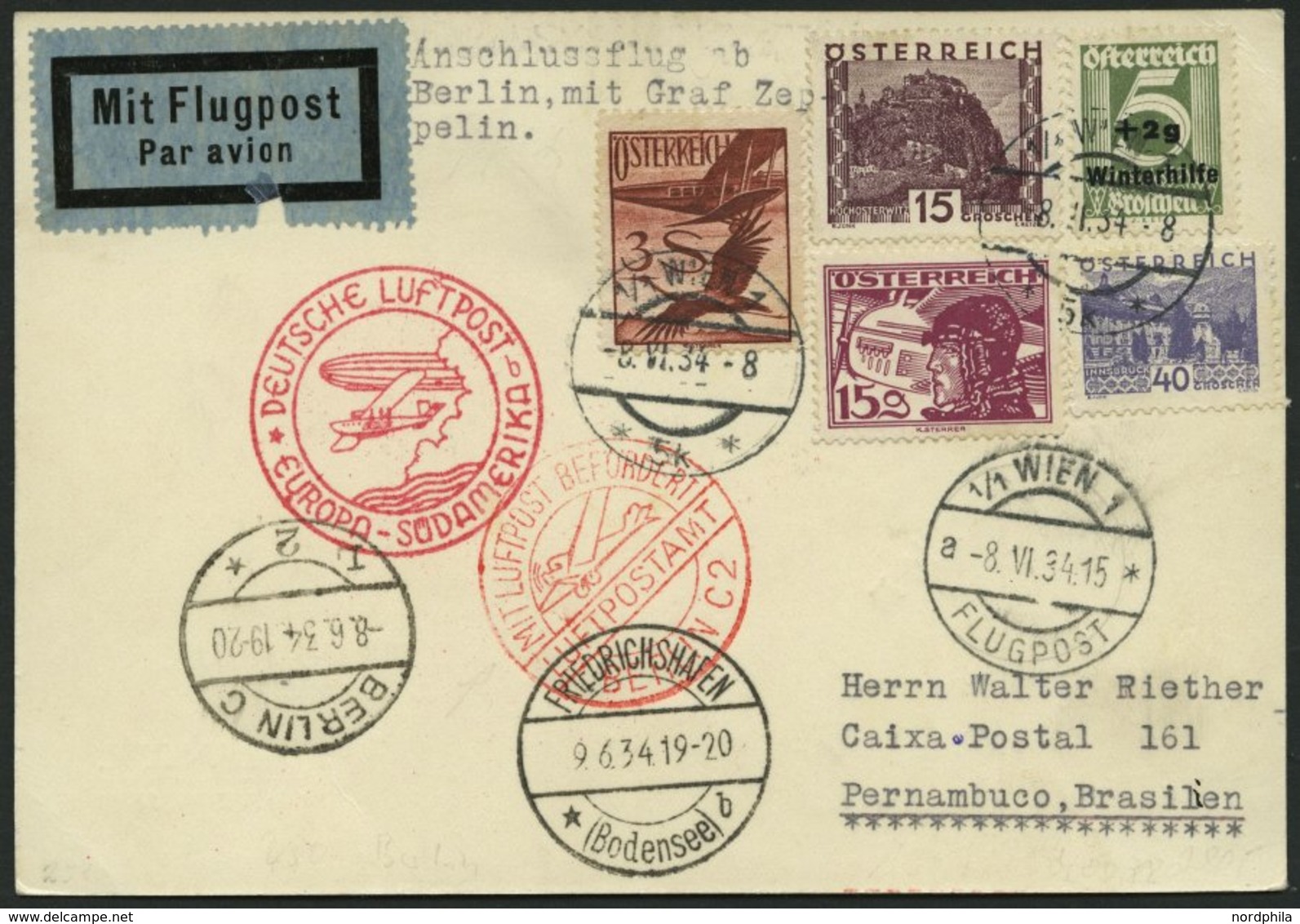 ZULEITUNGSPOST 250 BRIEF, Österreich: 1934, 2. Südamerikafahrt, Prachtkarte - Poste Aérienne & Zeppelin