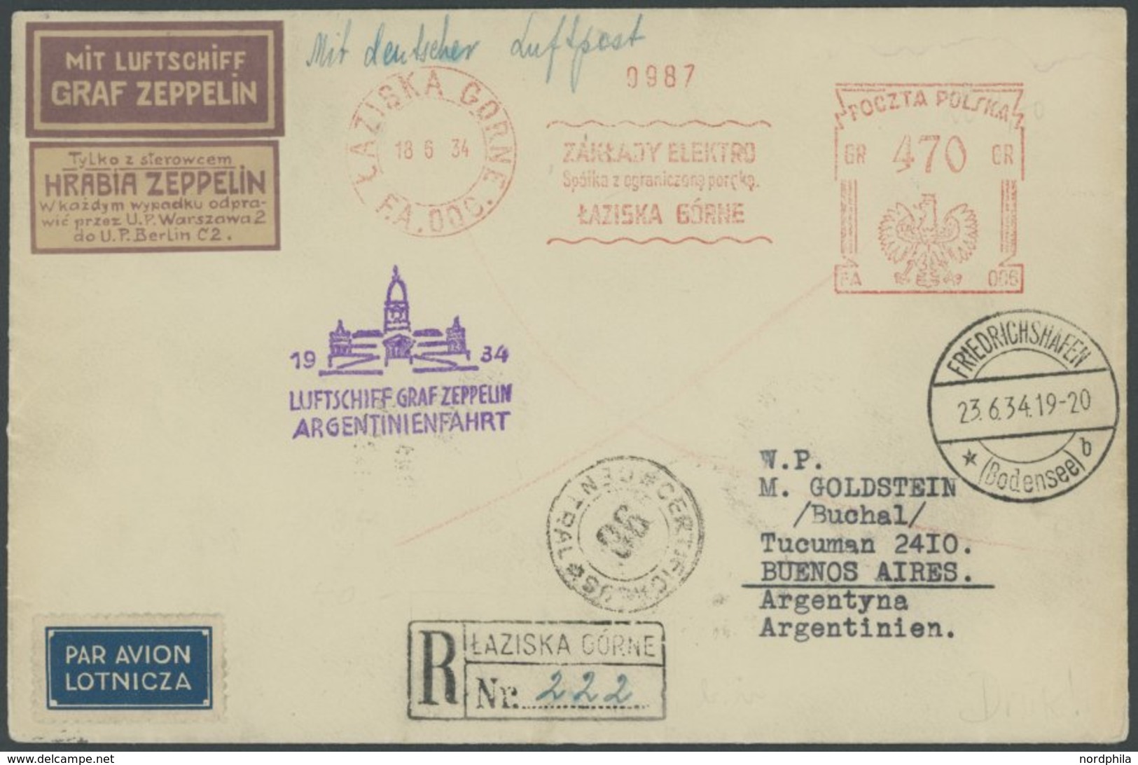 ZULEITUNGSPOST 254B BRIEF, Polen: 1934, 3. Südamerikafahrt, Bis Argentinien, Einschreib-Drucksache, Mit Maschinenstempel - Correo Aéreo & Zeppelin