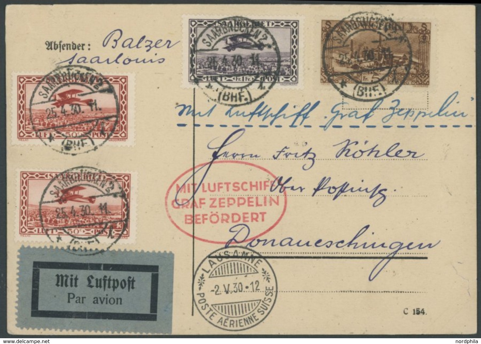 ZULEITUNGSPOST 56 BRIEF, Saargebiet: 1930, 2. Schweizfahrt, Prachtkarte - Correo Aéreo & Zeppelin