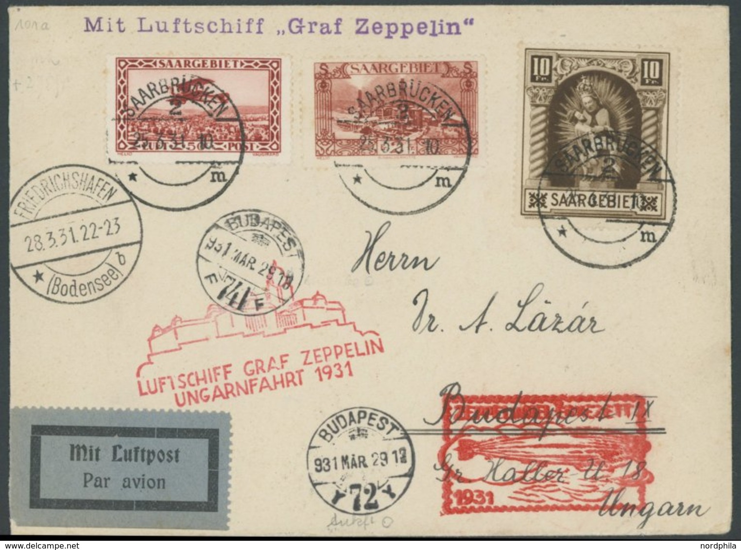 ZULEITUNGSPOST 101 BRIEF, Saargebiet: 1931, Ungarnfahrt, U.a. Frankiert Mit Mi.Nr. 103, Prachtbrief - Correo Aéreo & Zeppelin