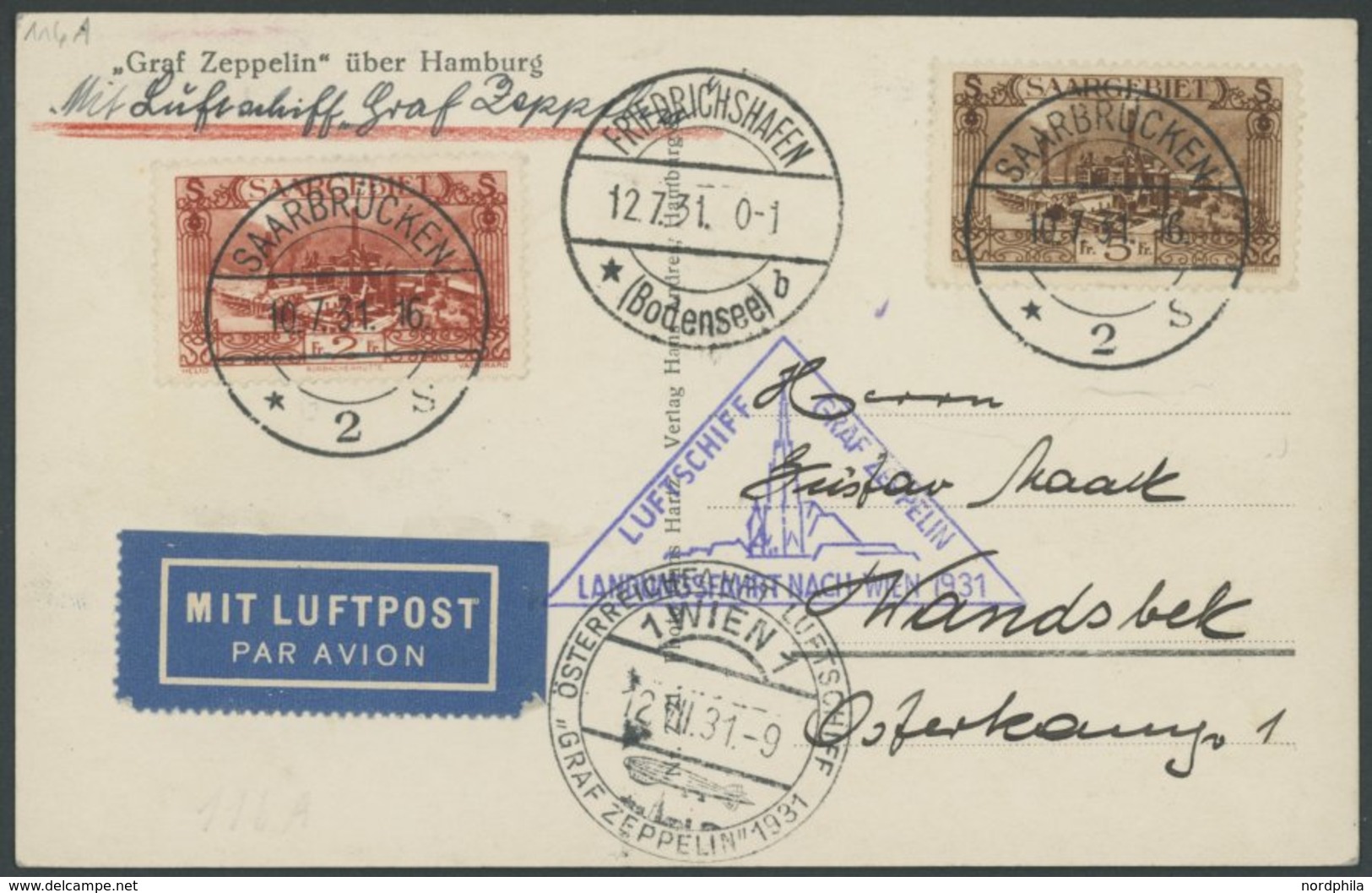 ZULEITUNGSPOST 116 BRIEF, Saargebiet: 1931 Österreichfahrt, Prachtkarte - Correo Aéreo & Zeppelin